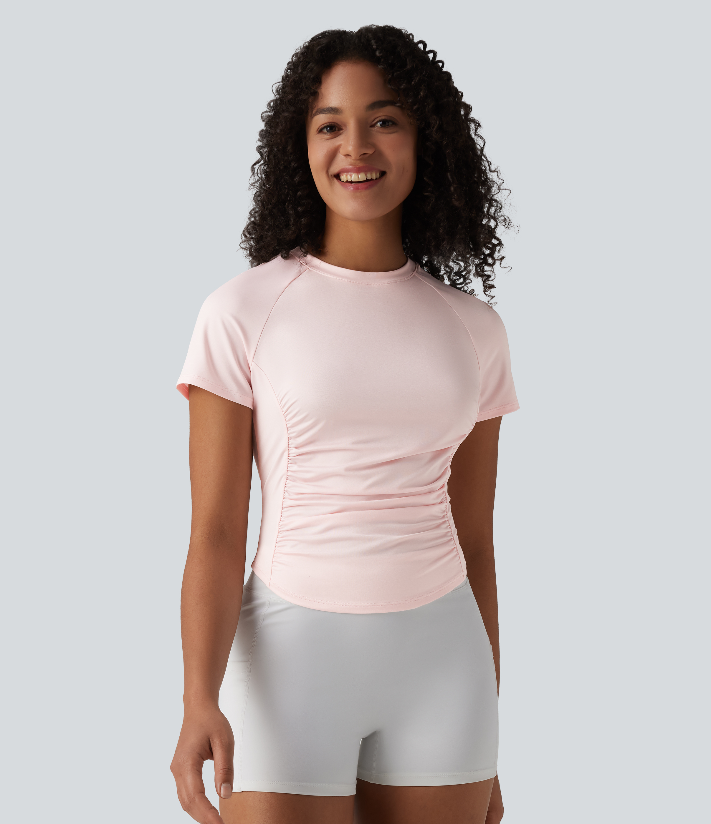 Heavenly Pink Round Neck Short Sleeve Ruched Cut Out Casual T-Shirt / 2
