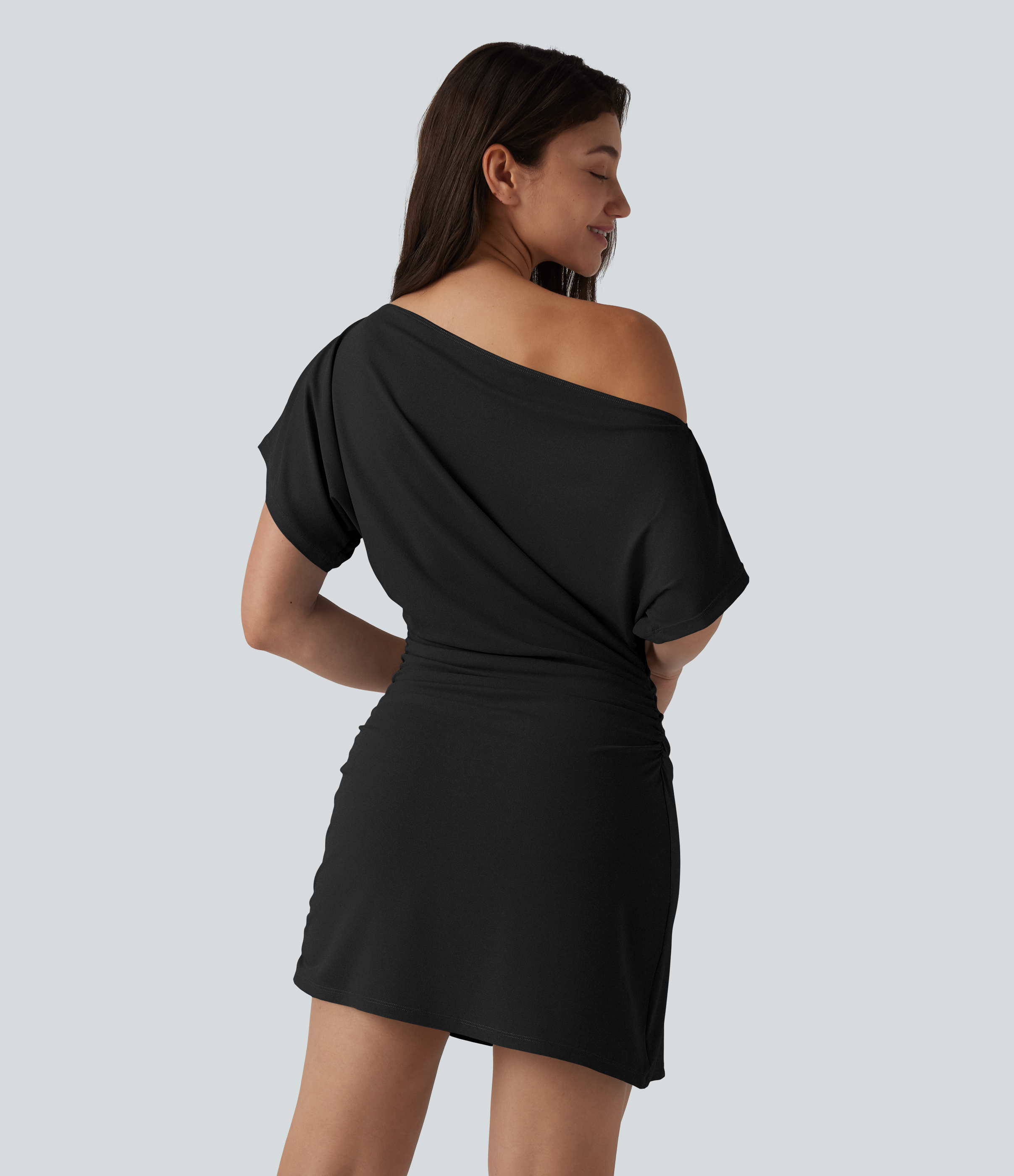Black One Shoulder Short Sleeve Ruched Bodycon Mini Casual Dress / 2
