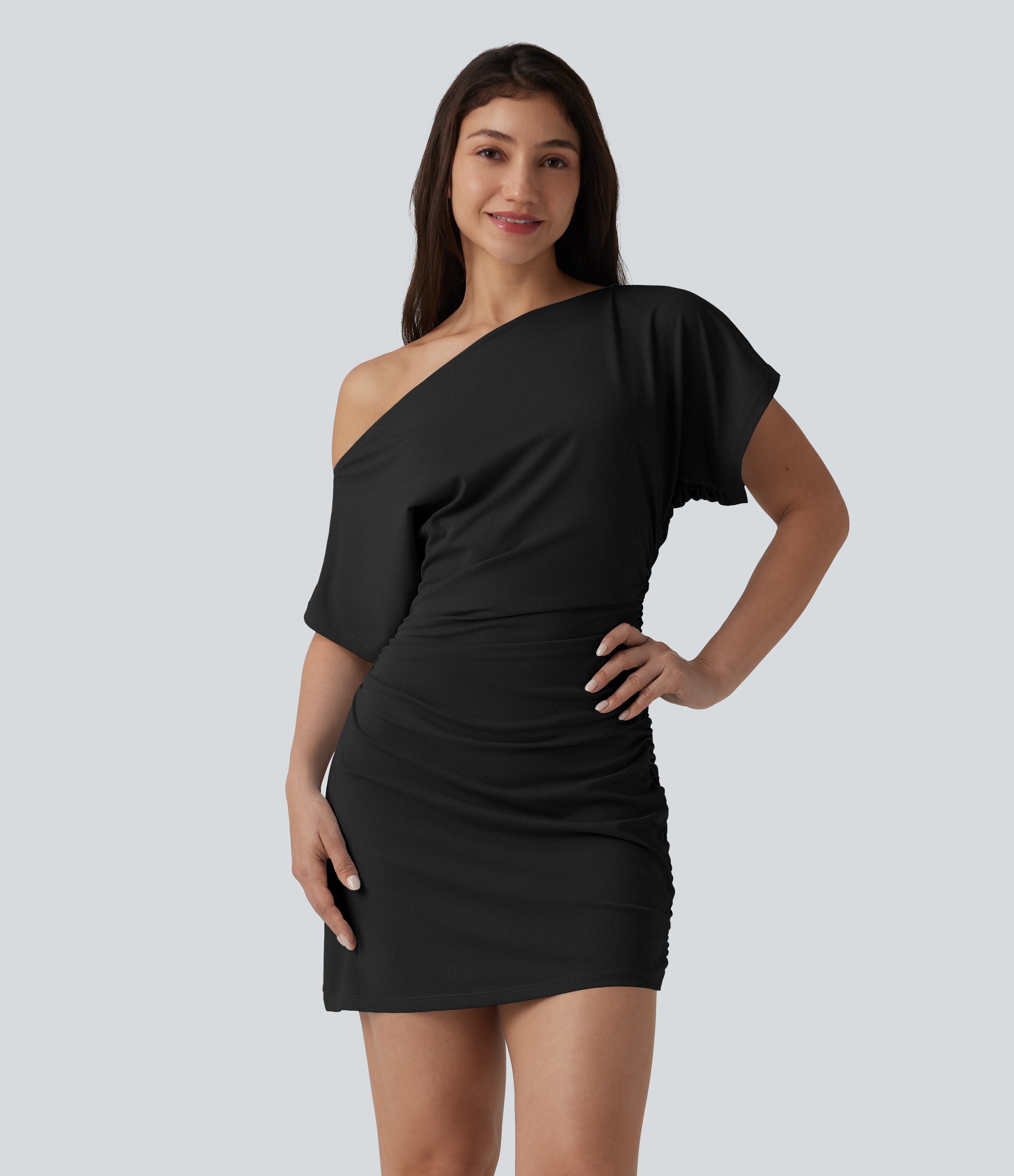 One Shoulder Short Sleeve Ruched Bodycon Mini Casual Dress