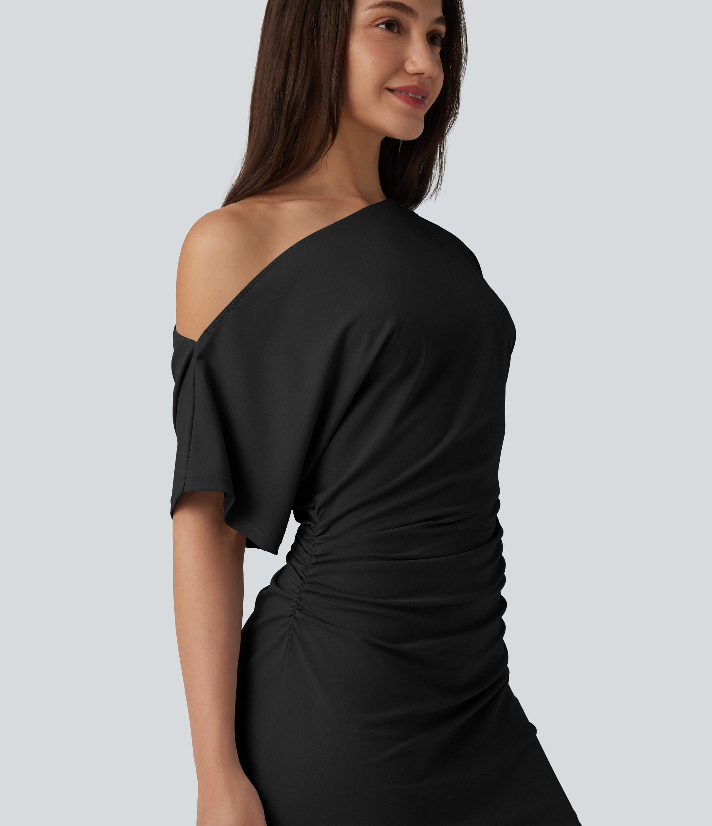short sleeve ruched bodycon dress Halara Women's One Shoulder Slimming Mini Casual Color:As Photo(Burgundy） Jaded London Ophidian Devore rtly-ship-to:Markarian Black dress Cap sleeves