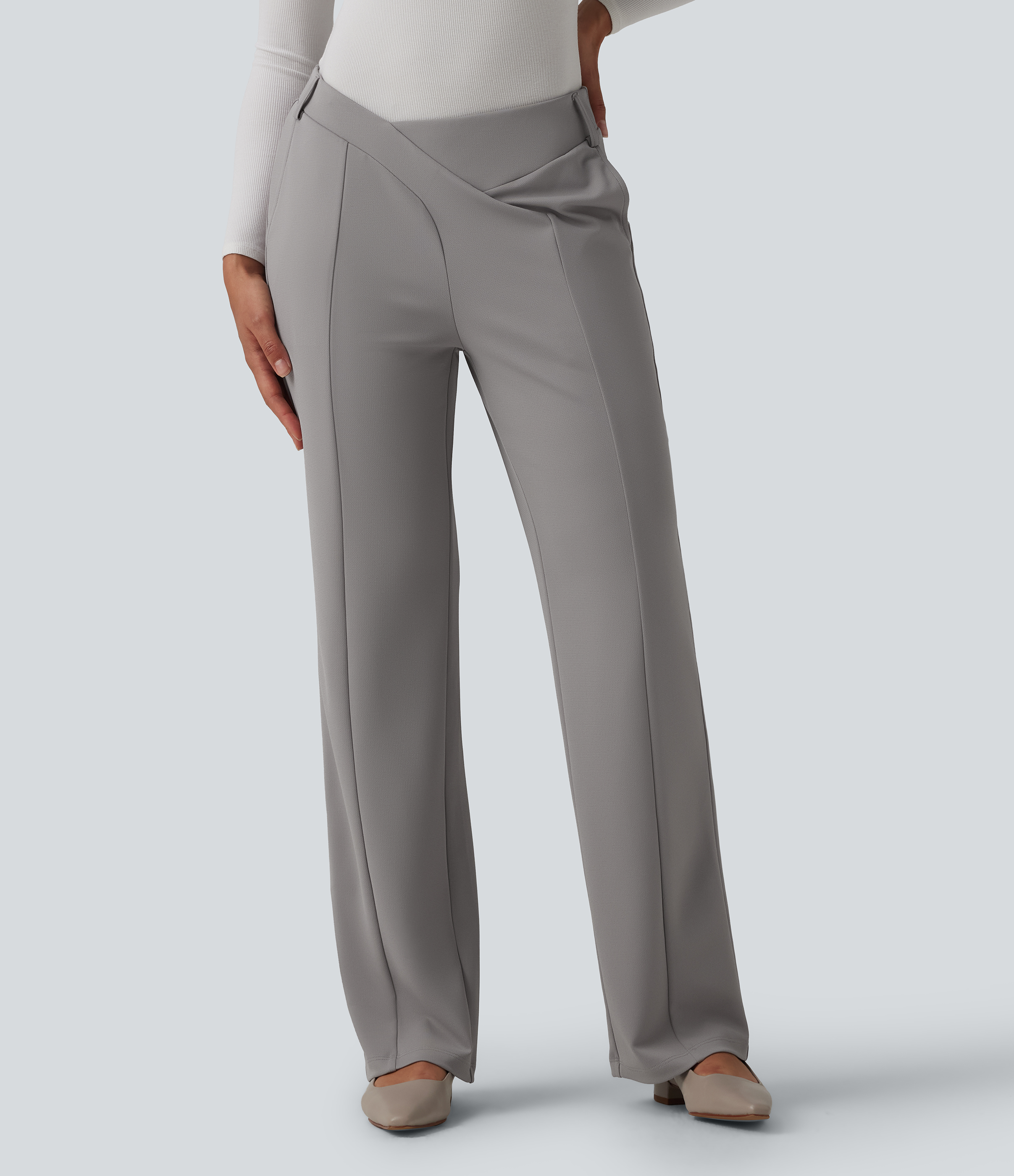 Halara Flex™ Asymmetric Mid Rise Straight Leg Crepe Work Pants with Pockets
