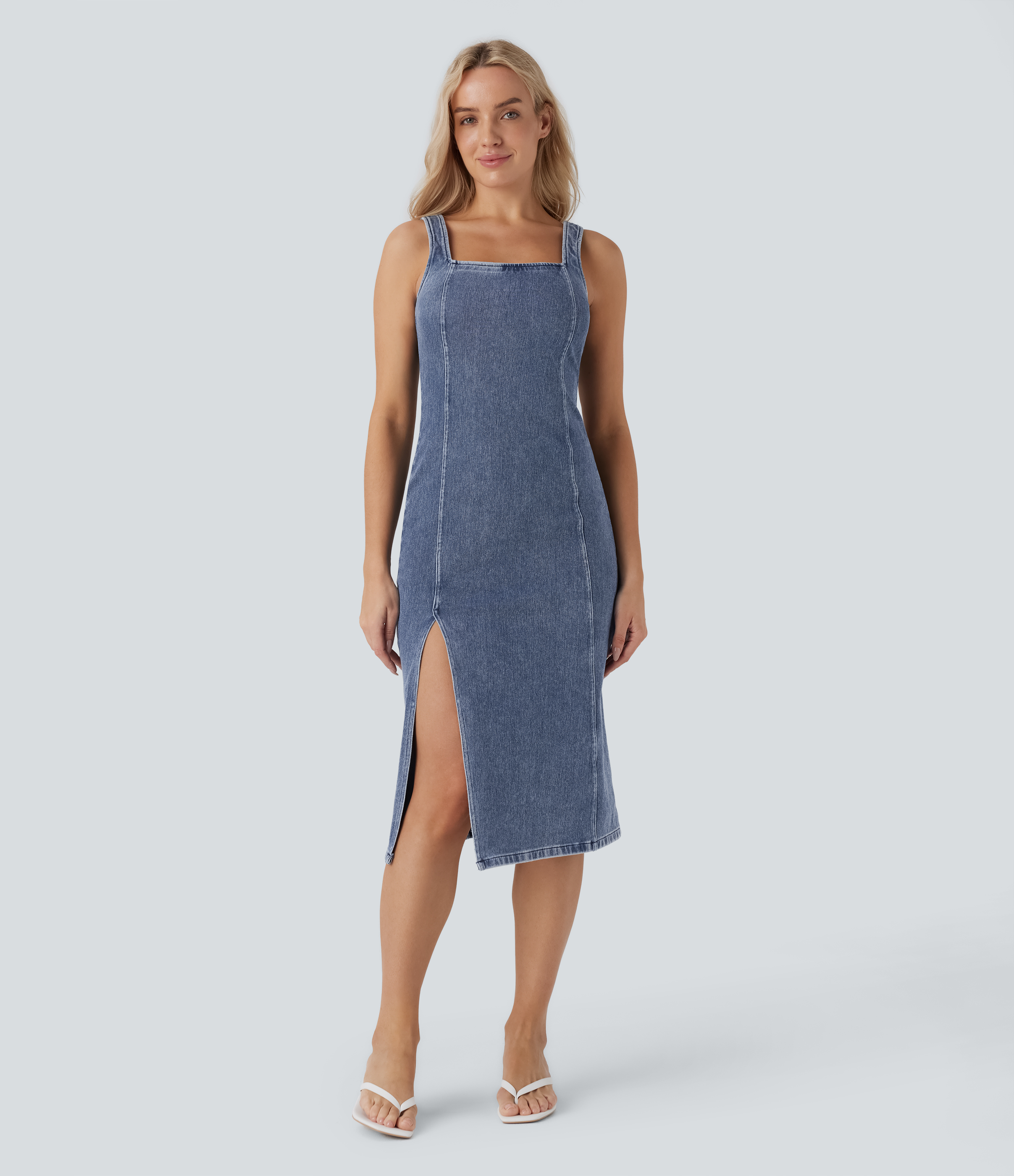 Vestido Halara Flex™ Denim mezclilla elástico lavado media pierna cuello cuadrado sin mangas cremallera espalda abertura