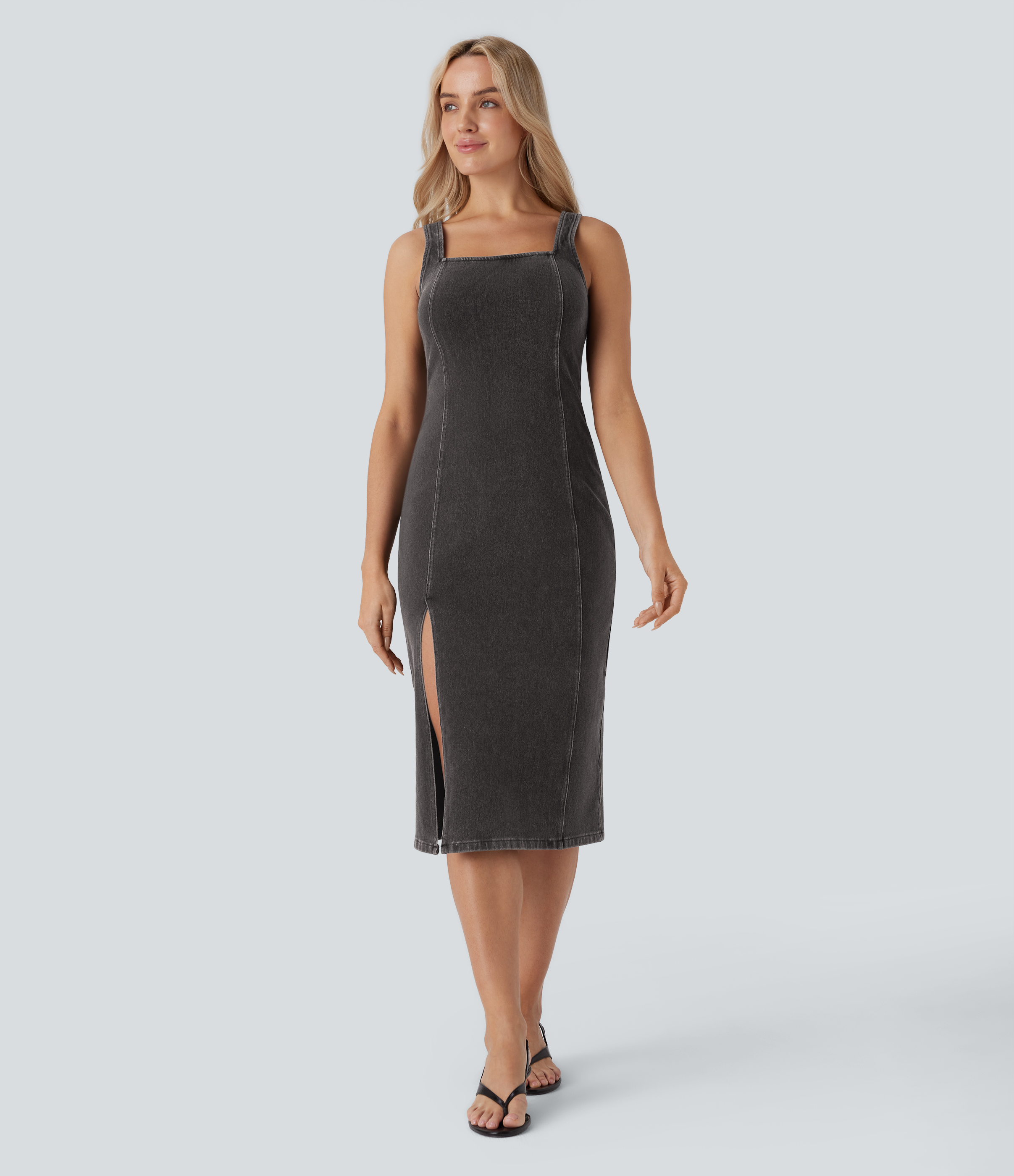 Robe décontractée en jean stretch extensible délavé Halara Flex™ avec col carré, sans manches, fermeture éclair dans le dos et fente