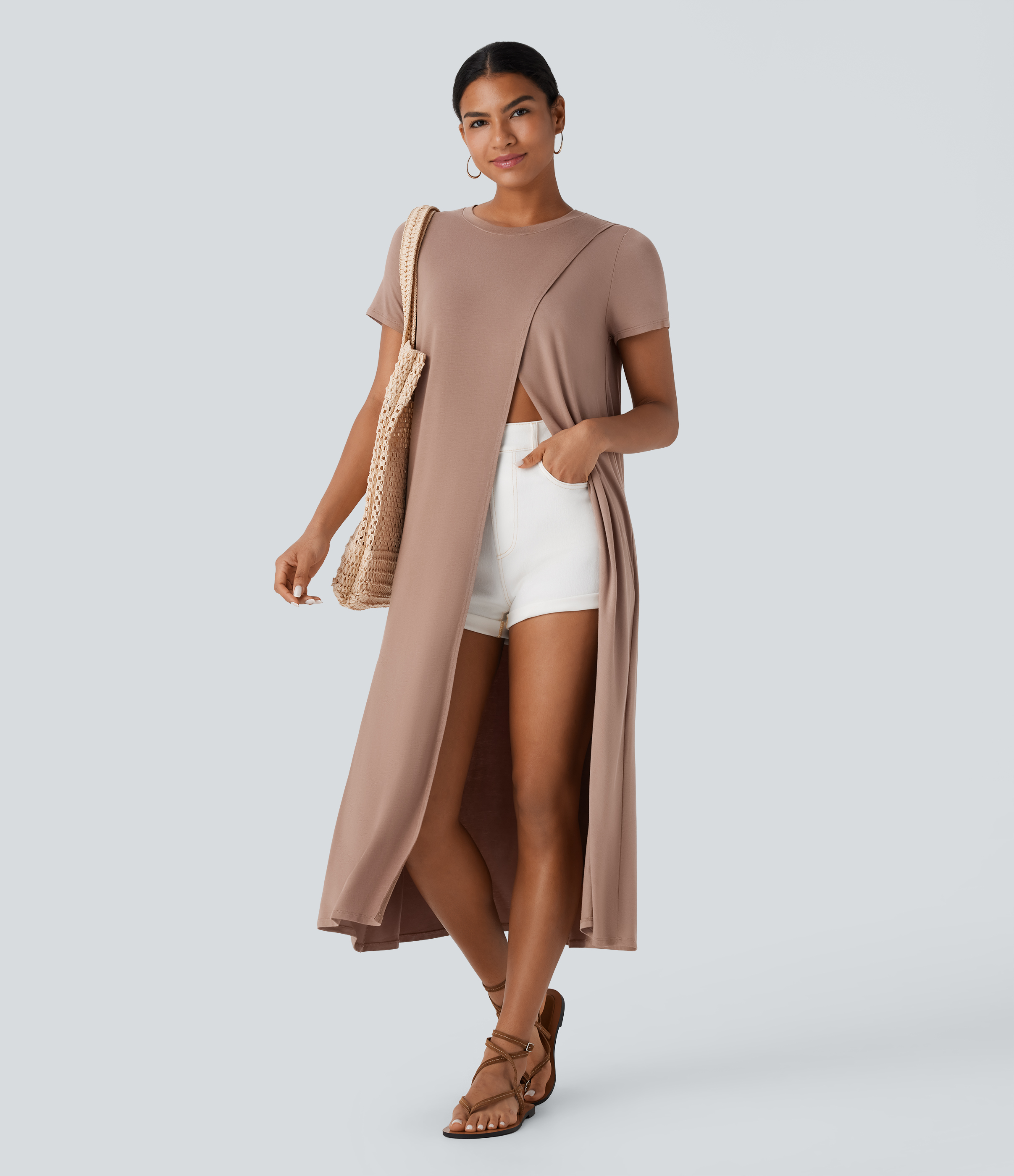 Halara Crossover Split Hem Longline Resort Top Tank Top - Natural - M golf tops halter top tunic tops sleeveless tops backless top 