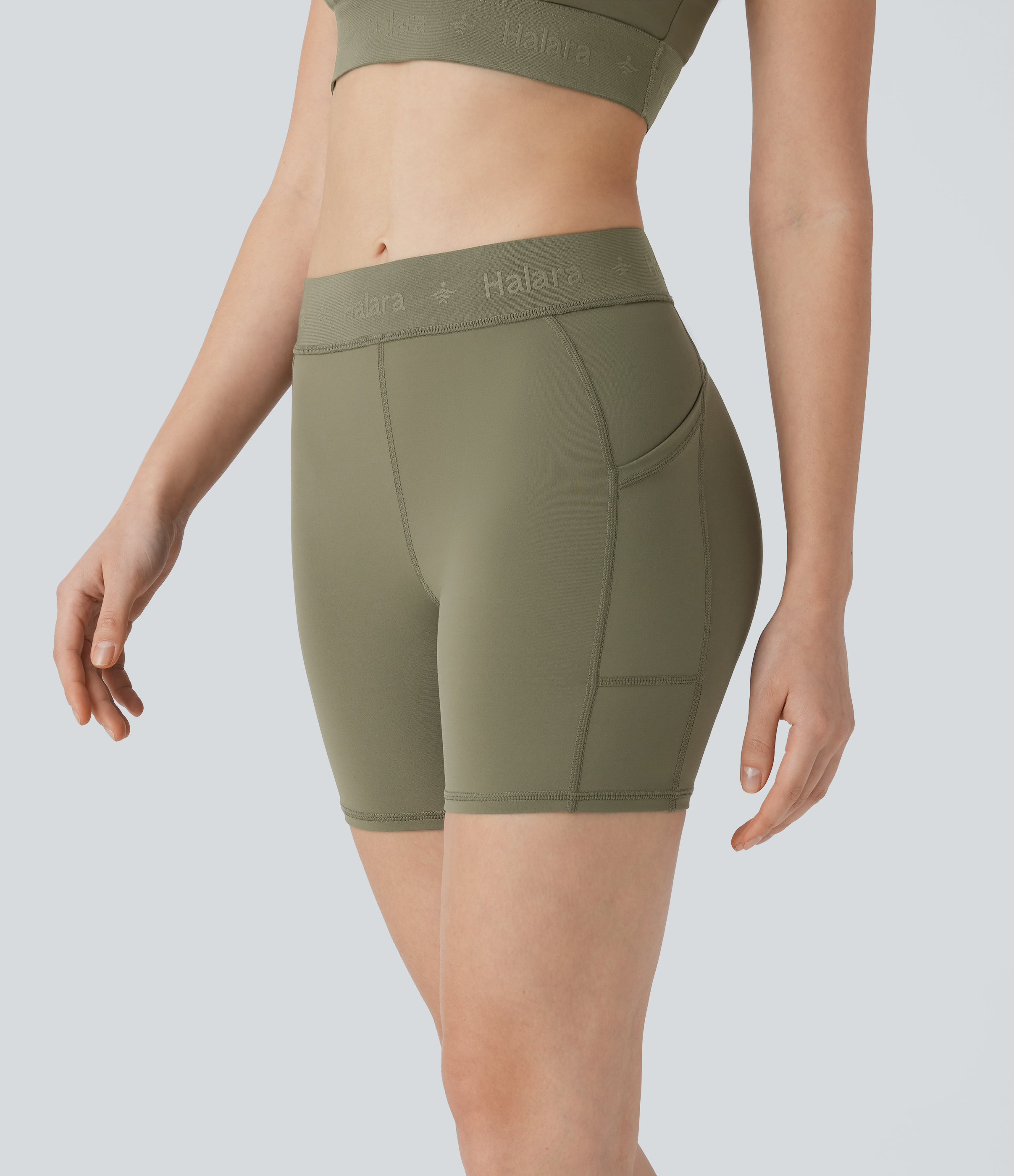 Halara SpeedWaveв„ў Mid Rise Side Pocket Quick Dry Workout Biker Shorts 5``  - Unripe Olive Green - L biker shorts women black biker shorts 