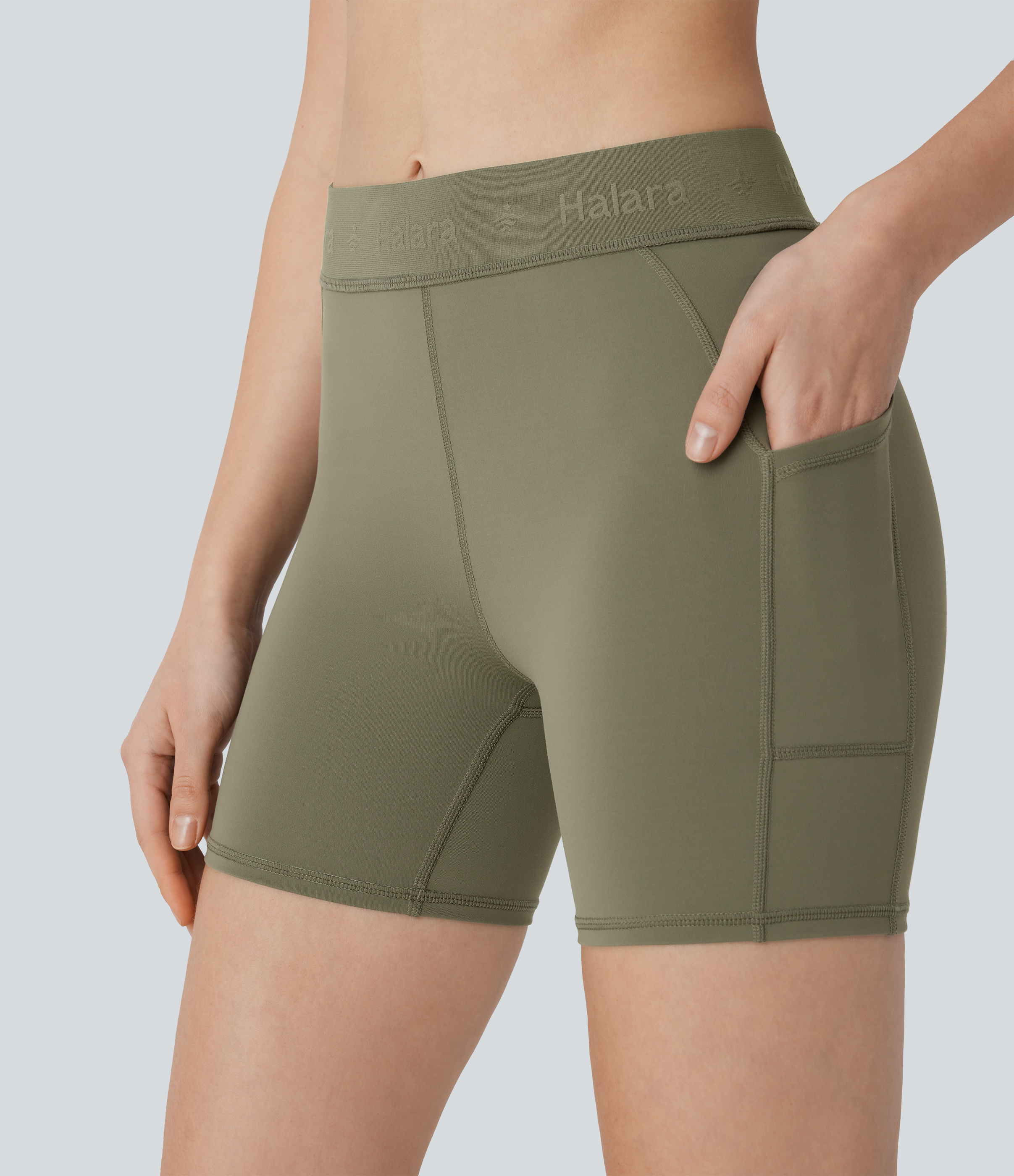 Halara SpeedWaveв„ў Mid Rise Side Pocket Quick Dry Workout Biker Shorts 5``  - Unripe Olive Green - L biker shorts women black biker shorts 