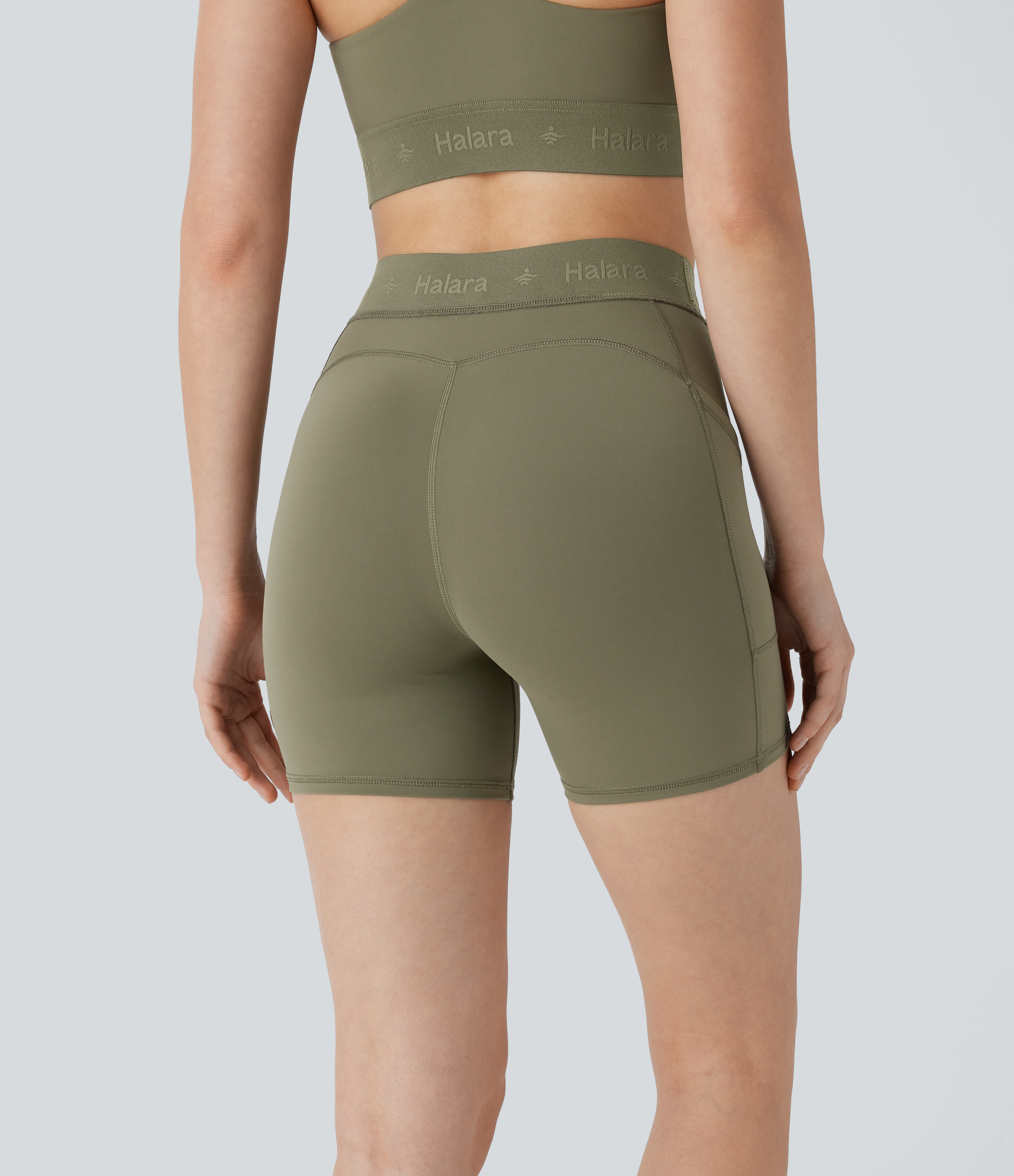 Halara SpeedWaveв„ў Mid Rise Side Pocket Quick Dry Workout Biker Shorts 5``  - Unripe Olive Green - L biker shorts women black biker shorts 