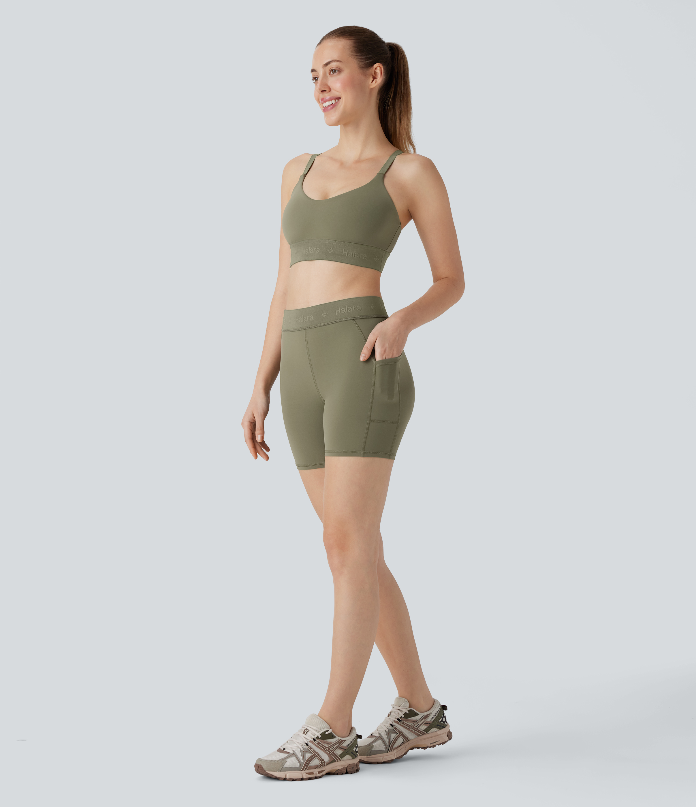 Halara SpeedWaveв„ў Mid Rise Side Pocket Quick Dry Workout Biker Shorts 5``  - Unripe Olive Green - L biker shorts women black biker shorts 