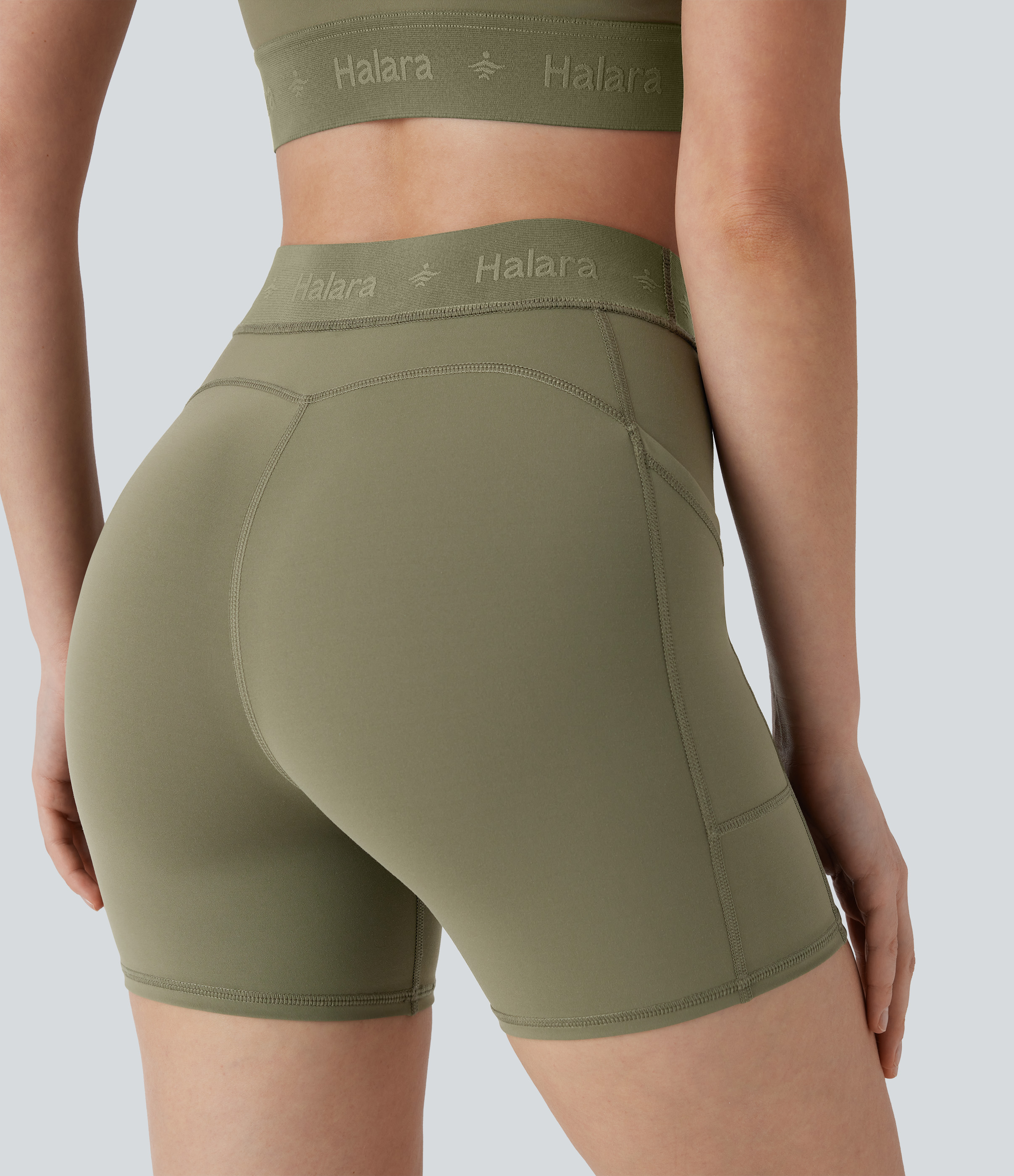 Halara SpeedWaveв„ў Mid Rise Side Pocket Quick Dry Workout Biker Shorts 5``  - Unripe Olive Green - L biker shorts women black biker shorts 