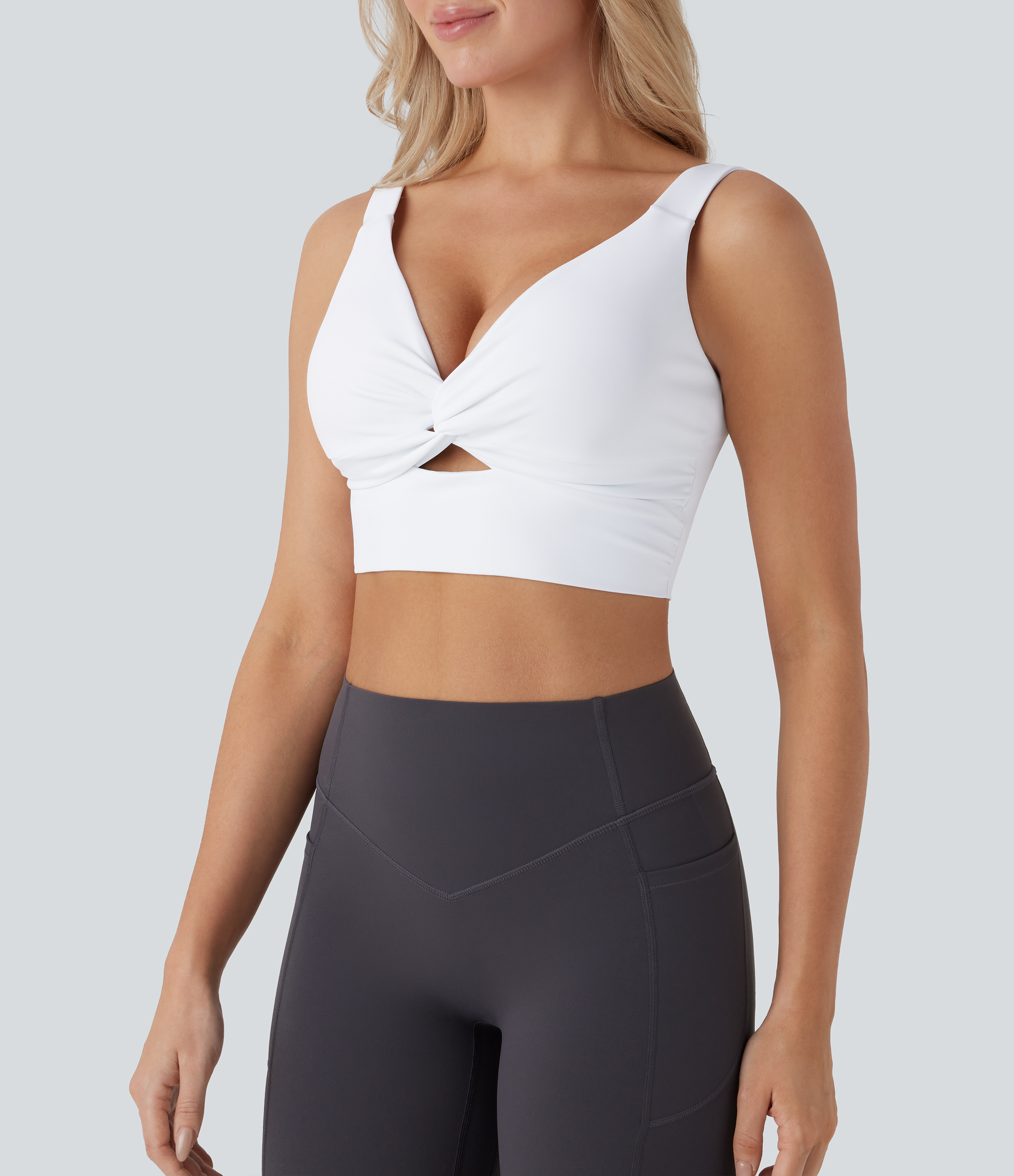 Halara Softlyzeroв„ў Airy Low Support Twisted Cut Out Backless Cool Touch Yoga Sports Bra-UPF50+-D/DD/DDD/F Cups  - White - L push up bra 