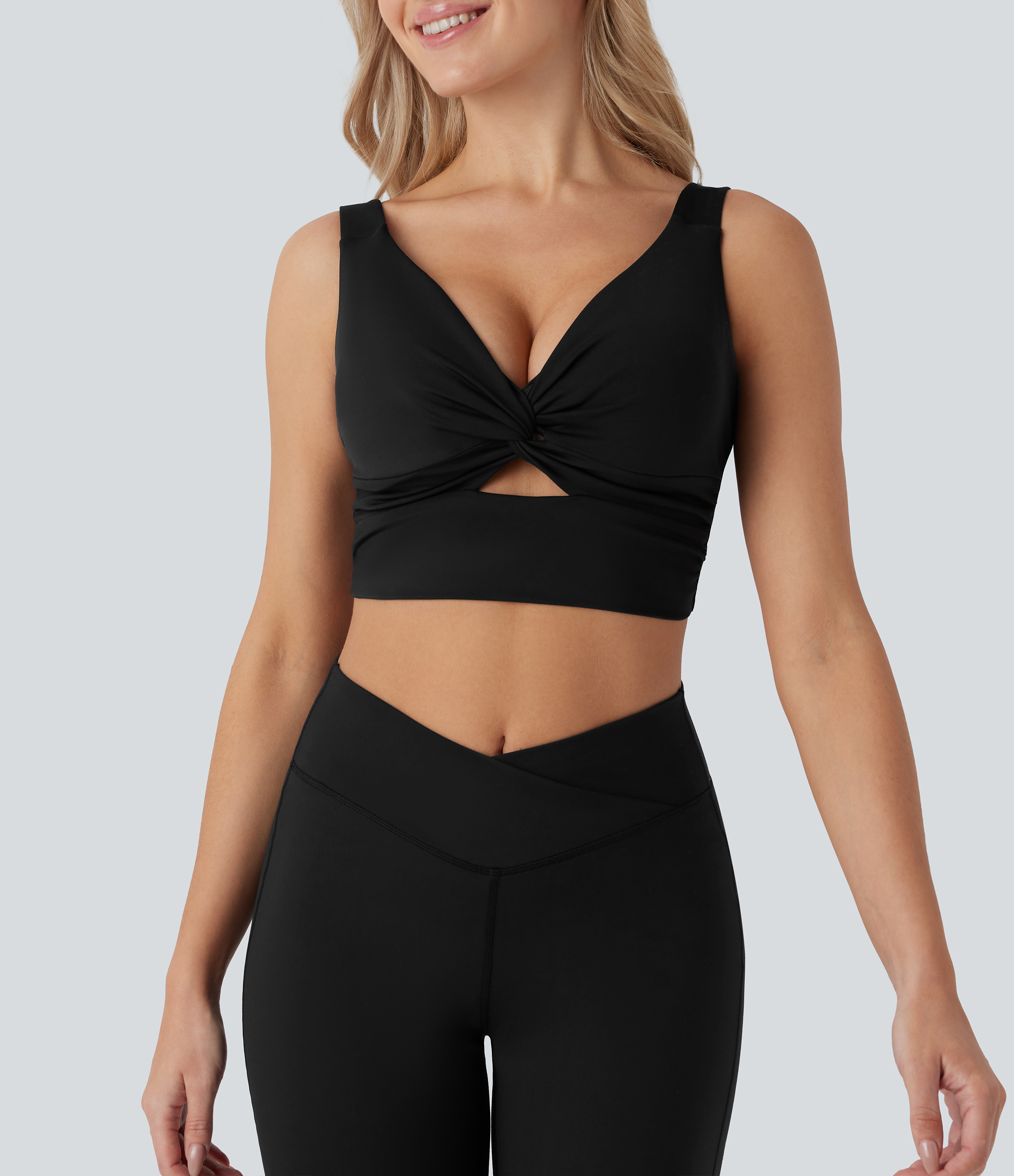 Halara Softlyzeroв„ў Airy Low Support Twisted Cut Out Backless Cool Touch Yoga Sports Bra-UPF50+-D/DD/DDD/F Cups  - Black - XL push up bra 