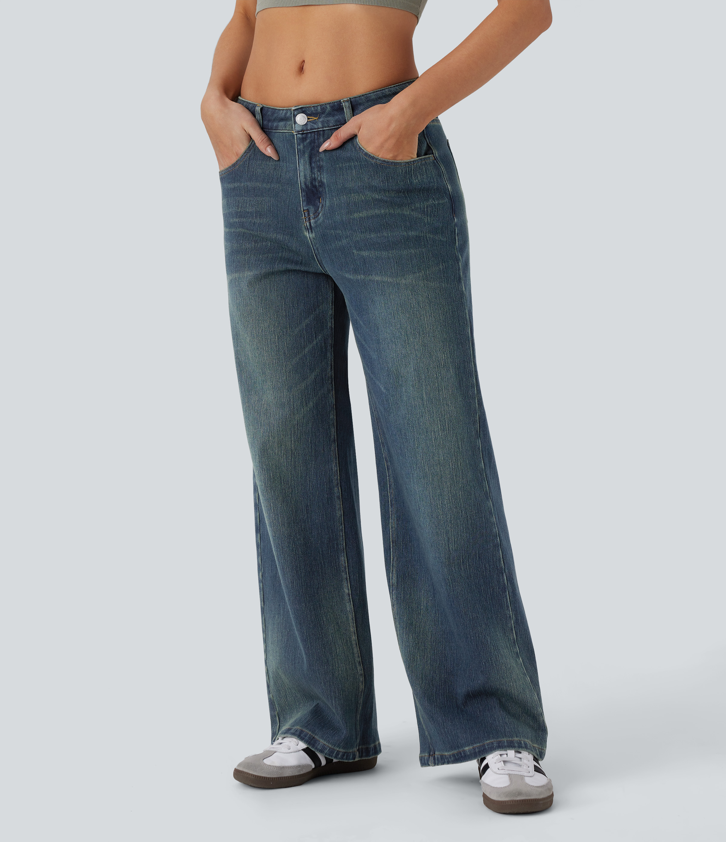 Jeans Baggy Halara Flex™ Denim elástico lavado múltiple bolsillo pierna ancha tiro bajo