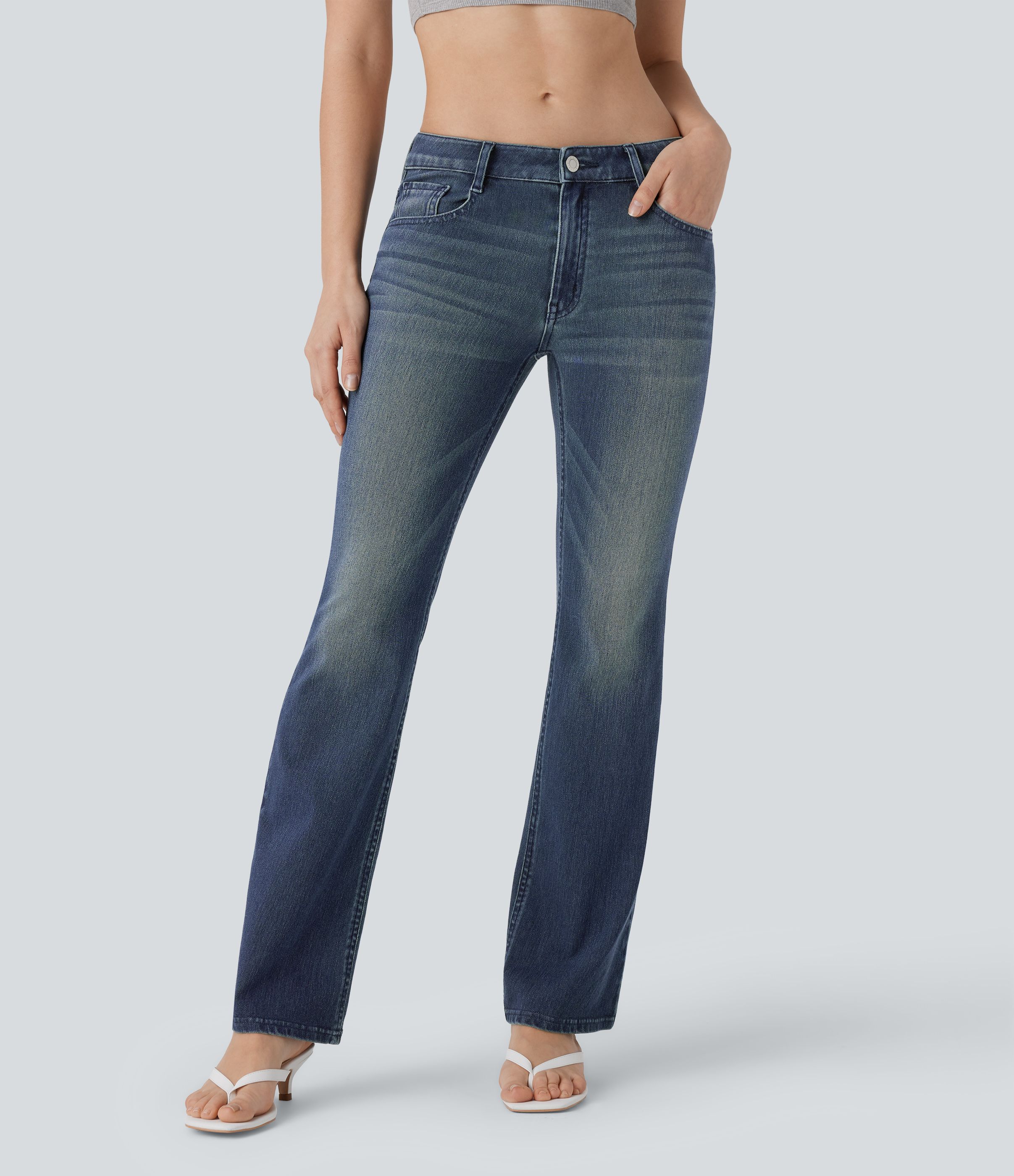 Jeans Halara Flex™ Denim tiro bajo múltiple bolsillo lavado elástico corte acampanado