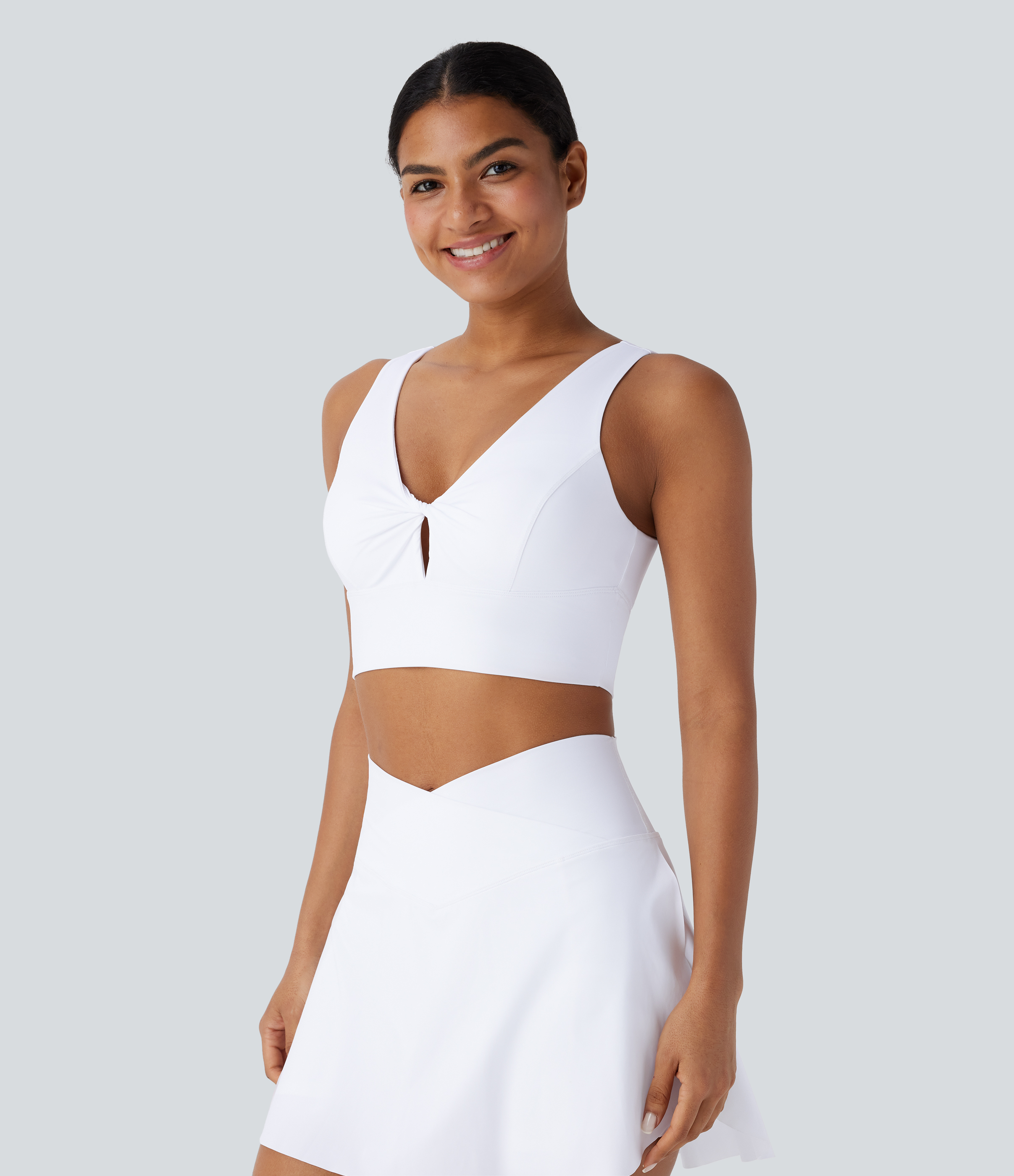 Halara Low Support V Neck Twisted Cut Out Backless Quick Dry Resort Sports Bra  - White - L push up bra strapless bra backless bra sticky bra 