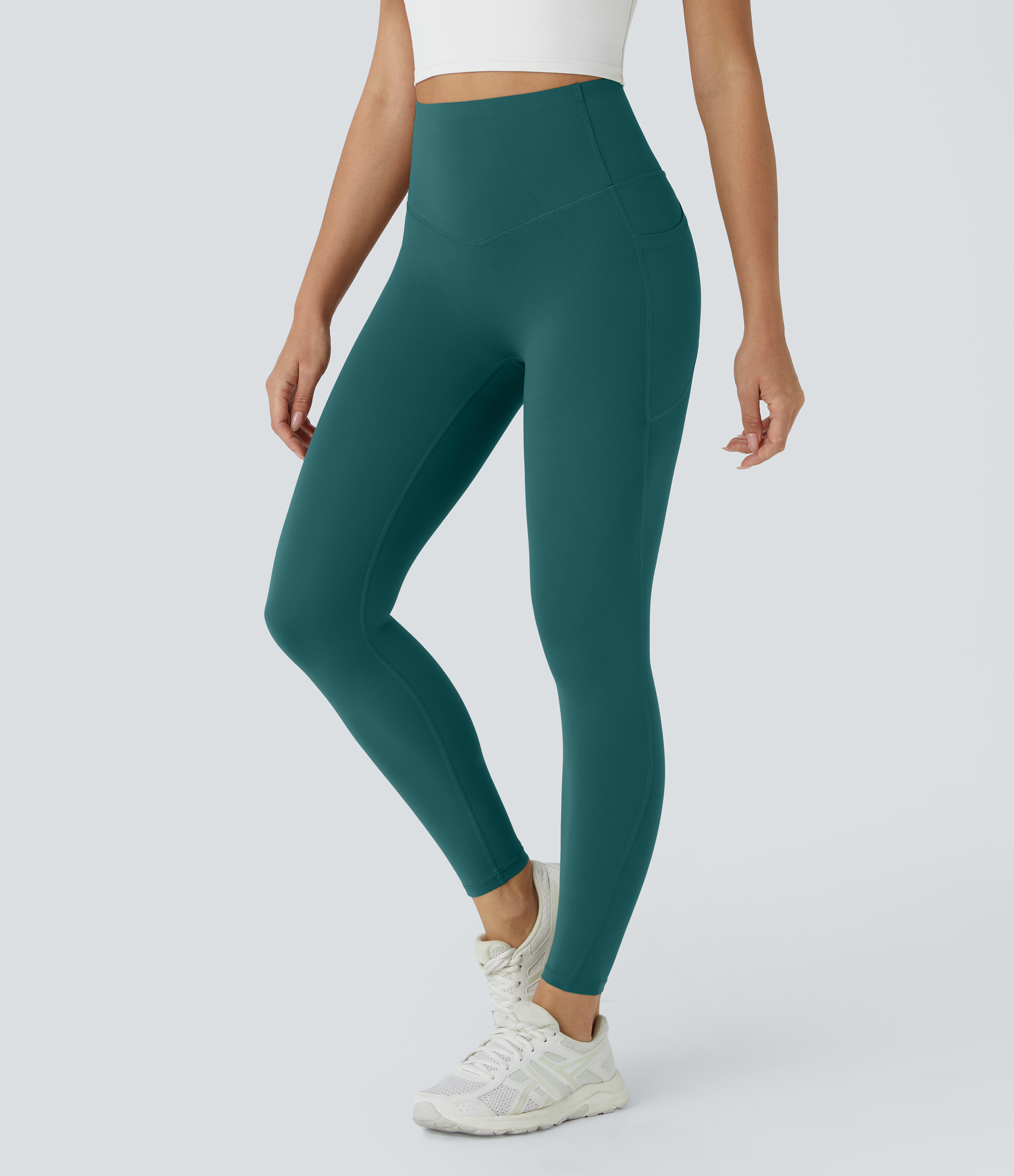 Halara SoCinched High Waisted Butt Lifting Tummy Control Side Pocket Shaping Workout UltraSculpt Leggings  - June Bug - L(7/8) gym leggings 
