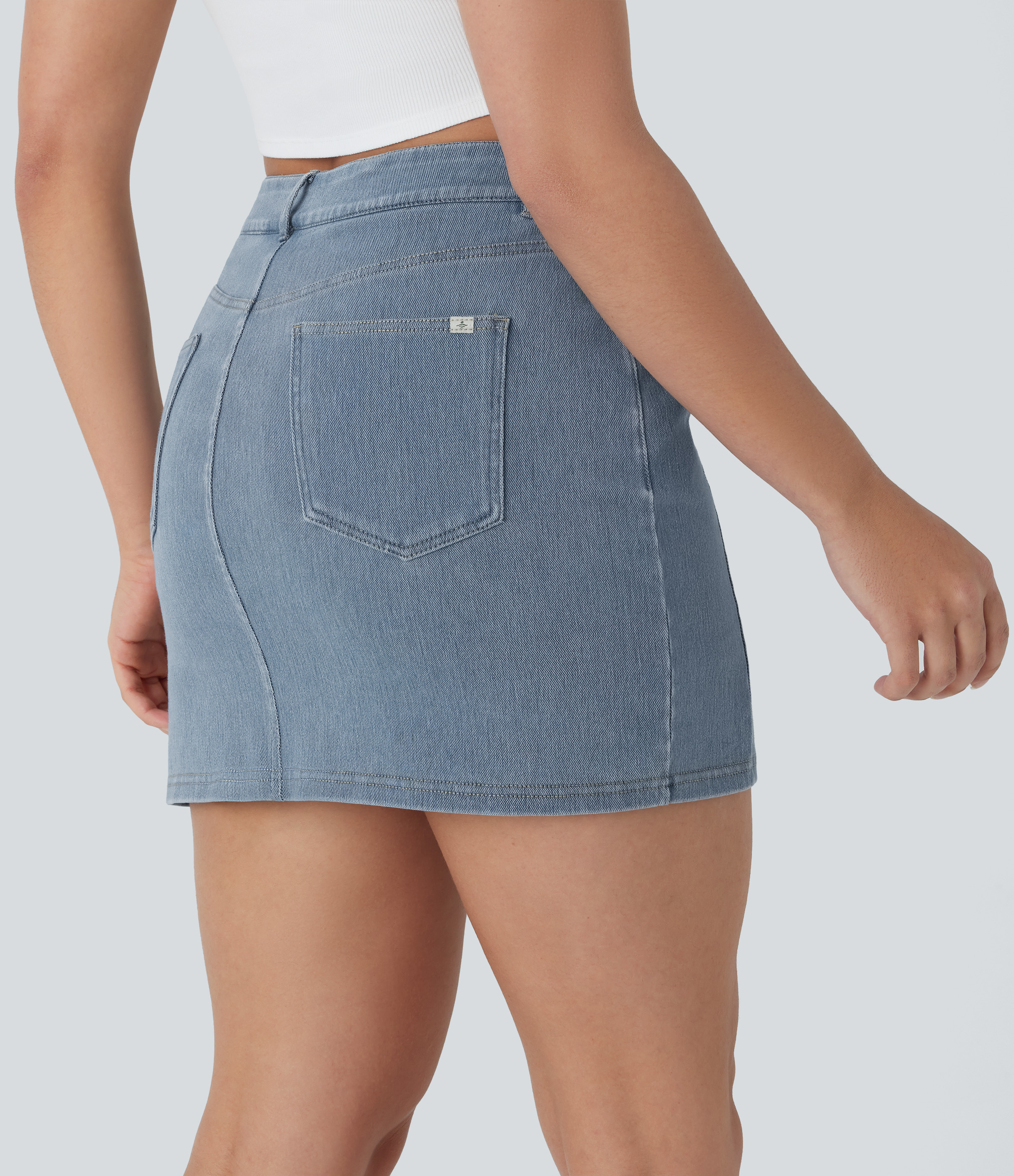 Washed Denim Bleached Blue Halara Flex™ High Waisted Pockets 2-in-1 Bodycon Mini Washed Denim Casual Skirt / 2