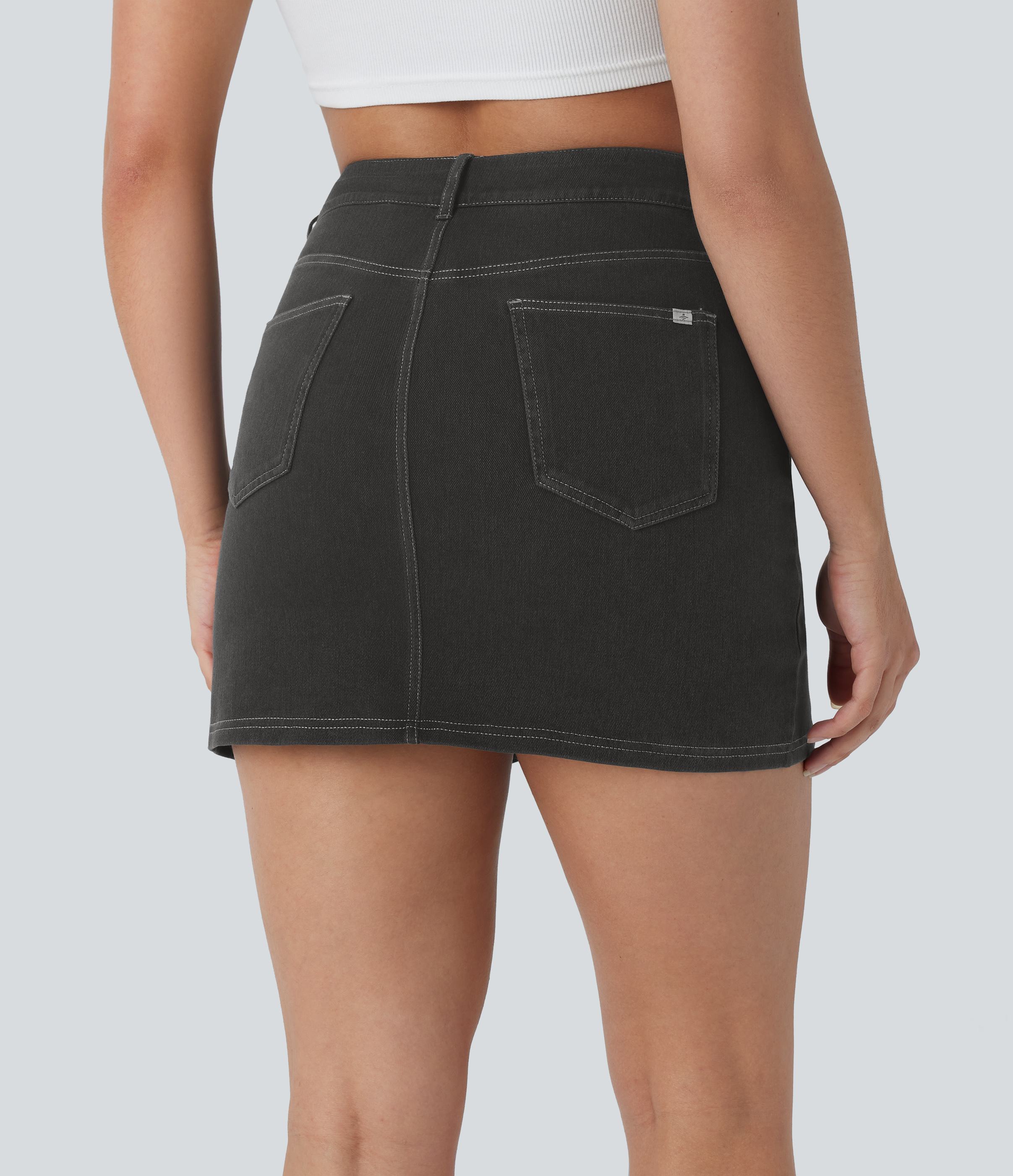 Hemp Rope Black Denim Mini Falda Halara Flex™ Denim vaquera elástico lavado 2 en 1 múltiple bolsillo tiro alto abertura / 2