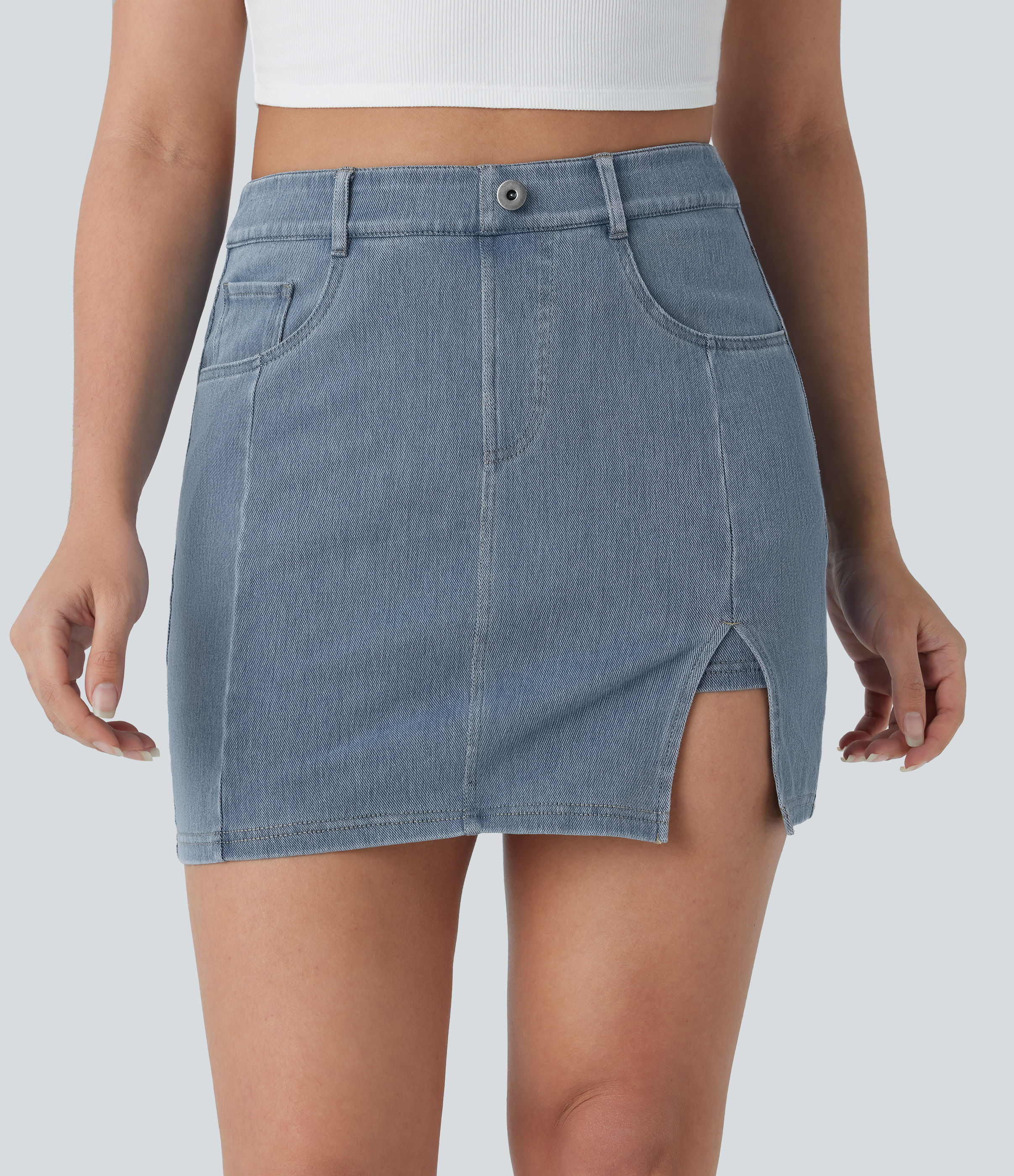 Halara Flex™ High Waisted Pockets 2-in-1 Bodycon Mini Washed Denim Casual Skirt