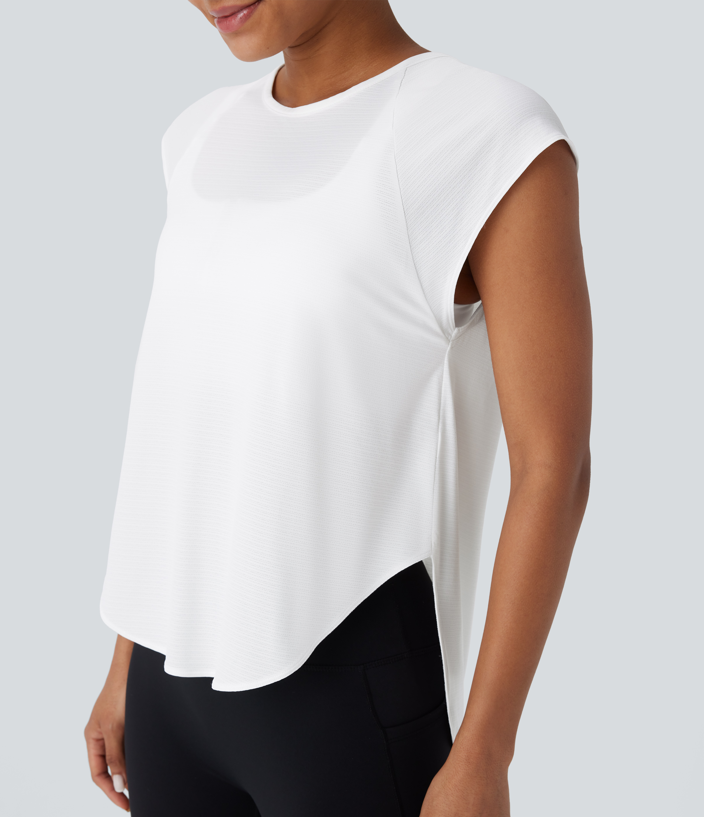 Halara Round Neck Cap Sleeve Split Tie Back Curved Hem Yoga Sports Top  - White - L 