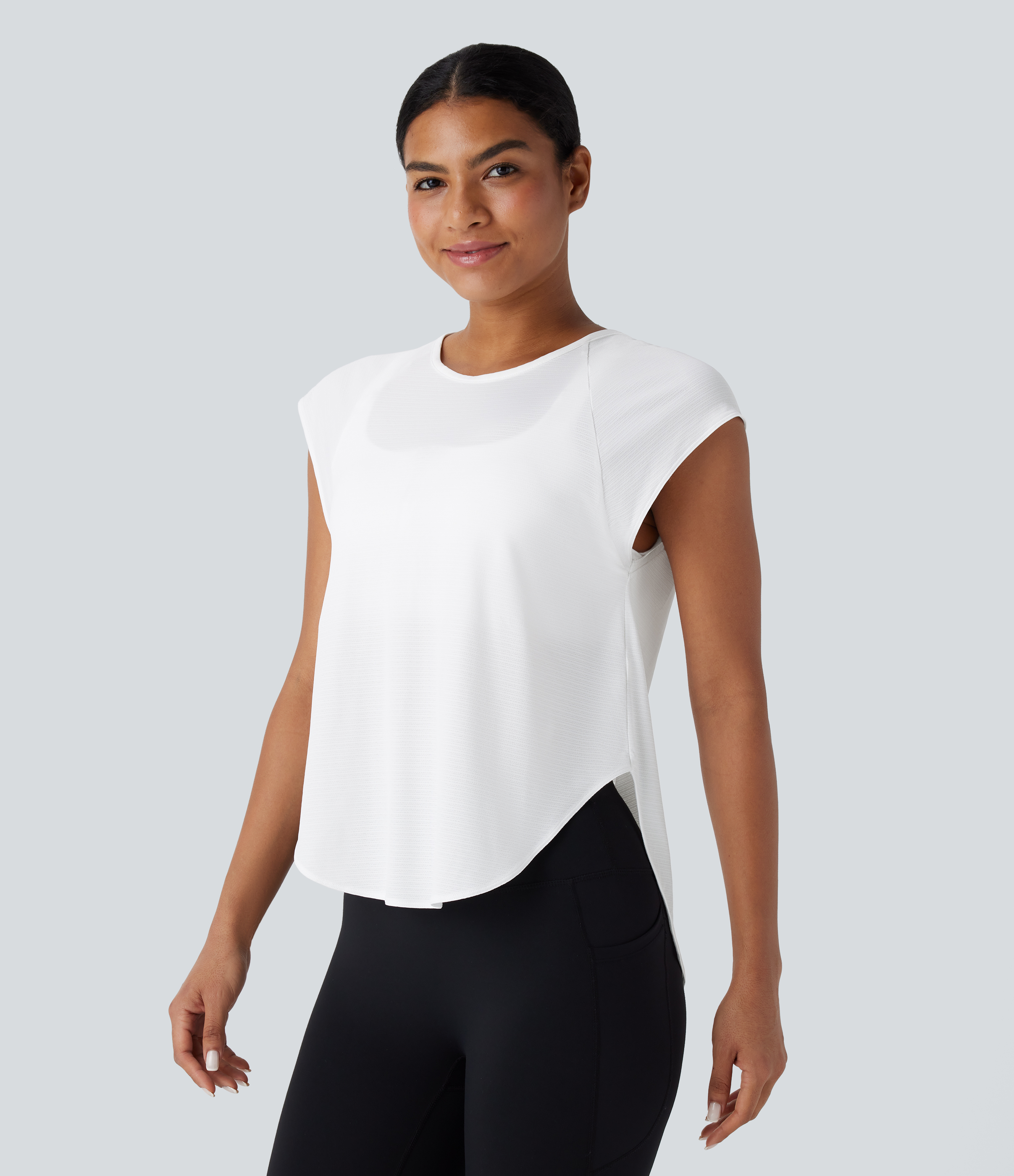 Halara Round Neck Cap Sleeve Split Tie Back Curved Hem Yoga Sports Top  - White - L 