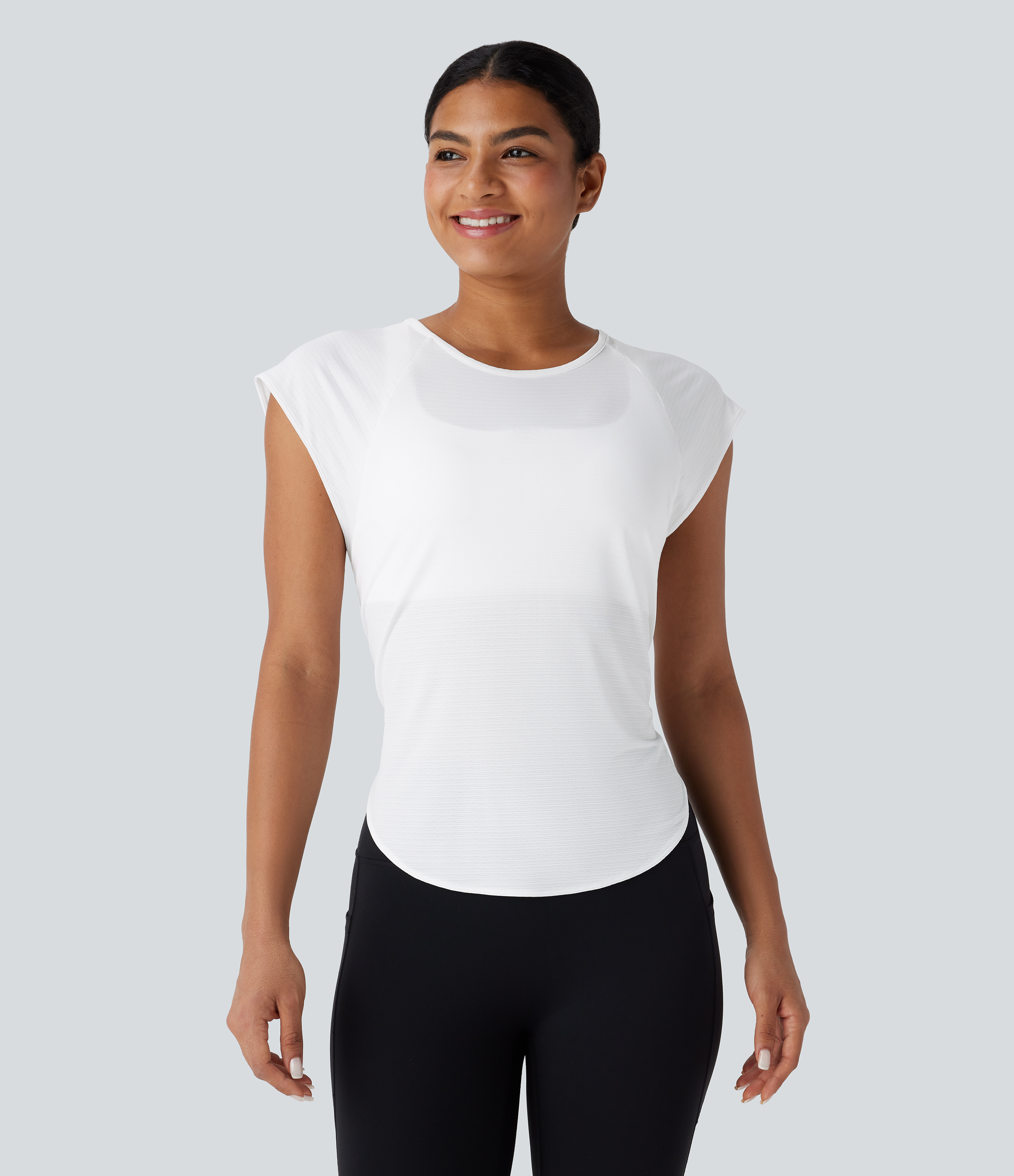 Halara Round Neck Cap Sleeve Split Tie Back Curved Hem Yoga Sports Top  - White - L 