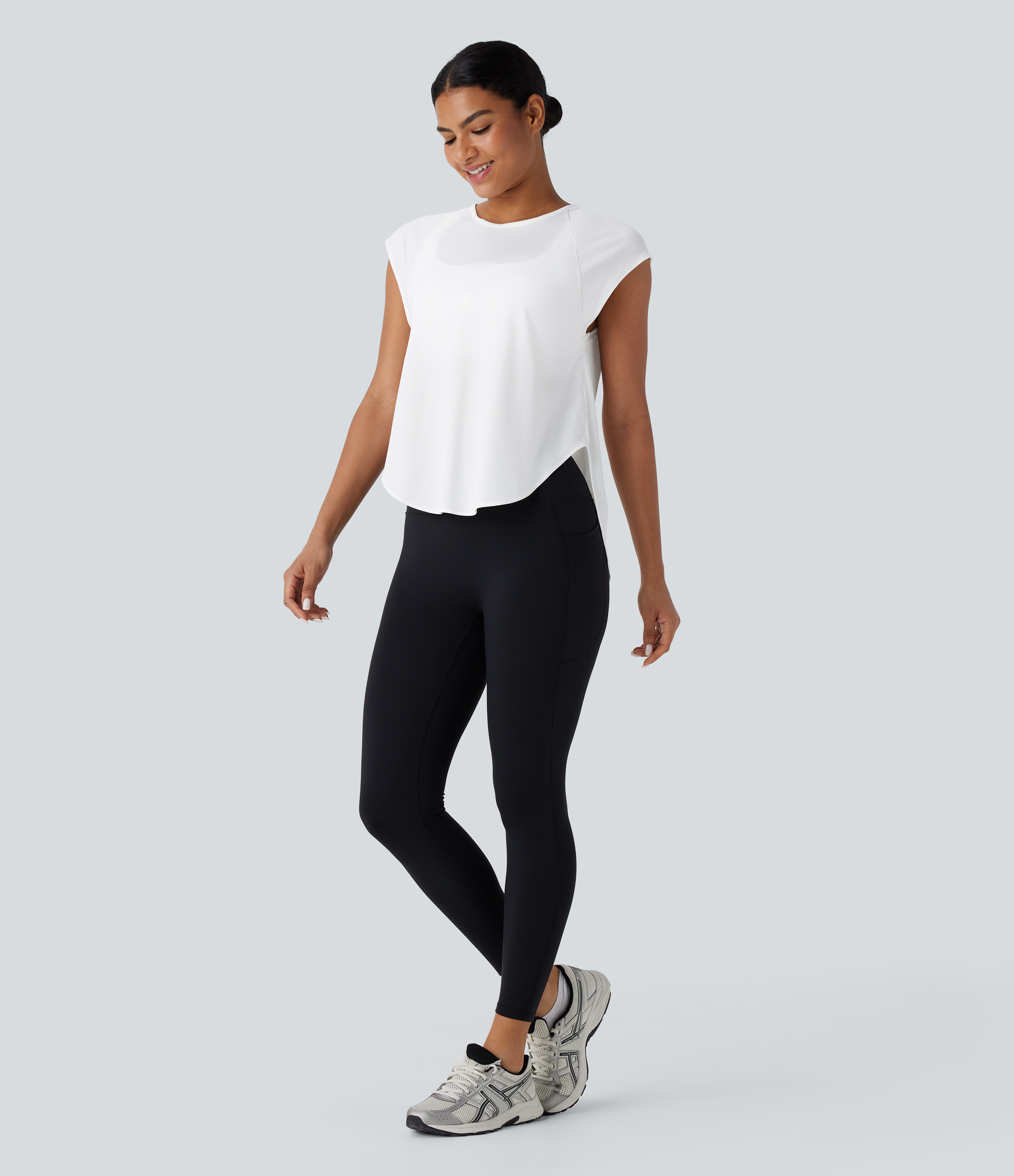 Halara Round Neck Cap Sleeve Split Tie Back Curved Hem Yoga Sports Top  - White - L 