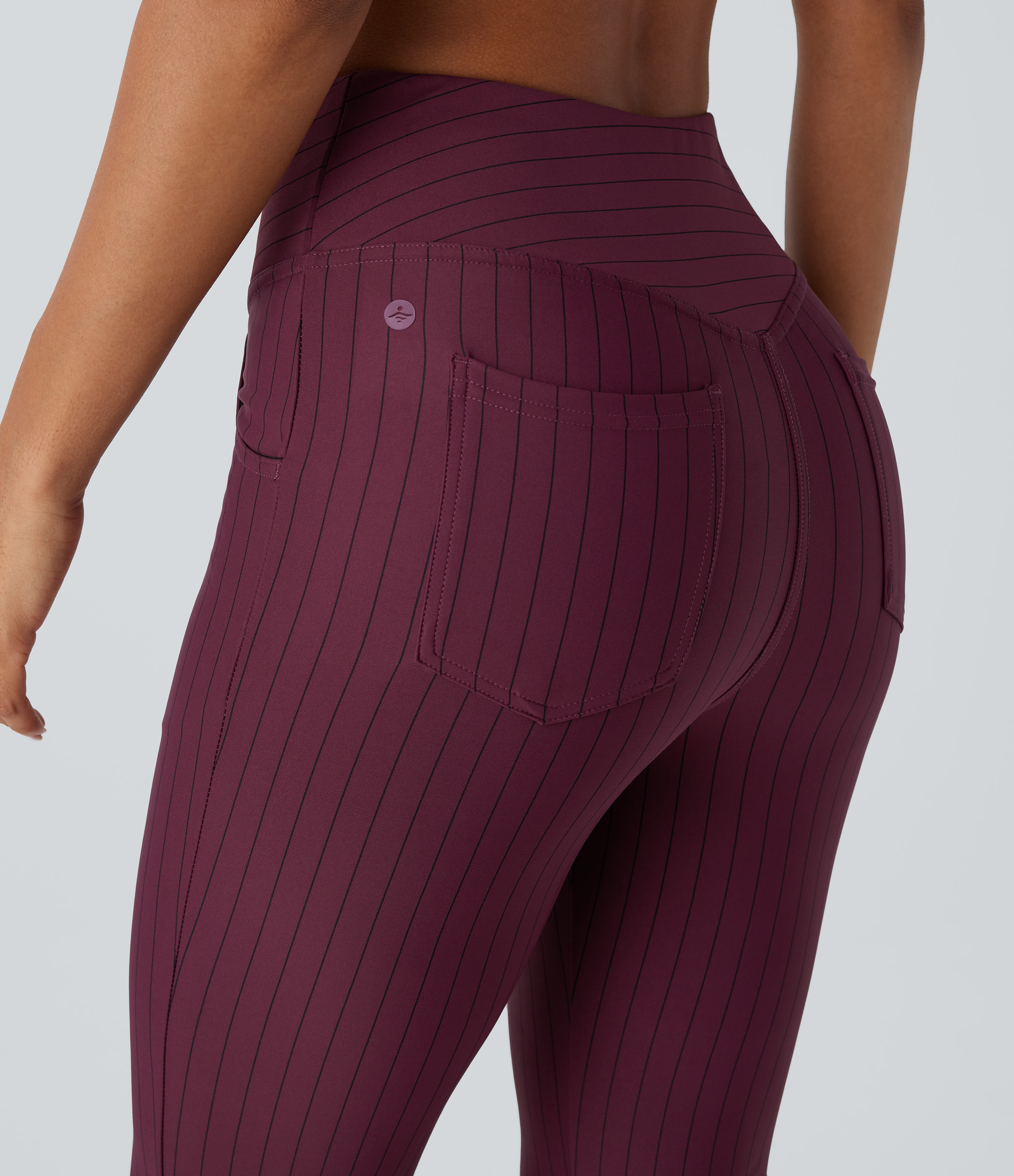 Halara Crossover High Waisted Multiple Pockets Stripe Flare Cool Touch Yoga Leggings  - Wine Red and Black Stripe - XL(regular) gym leggings 