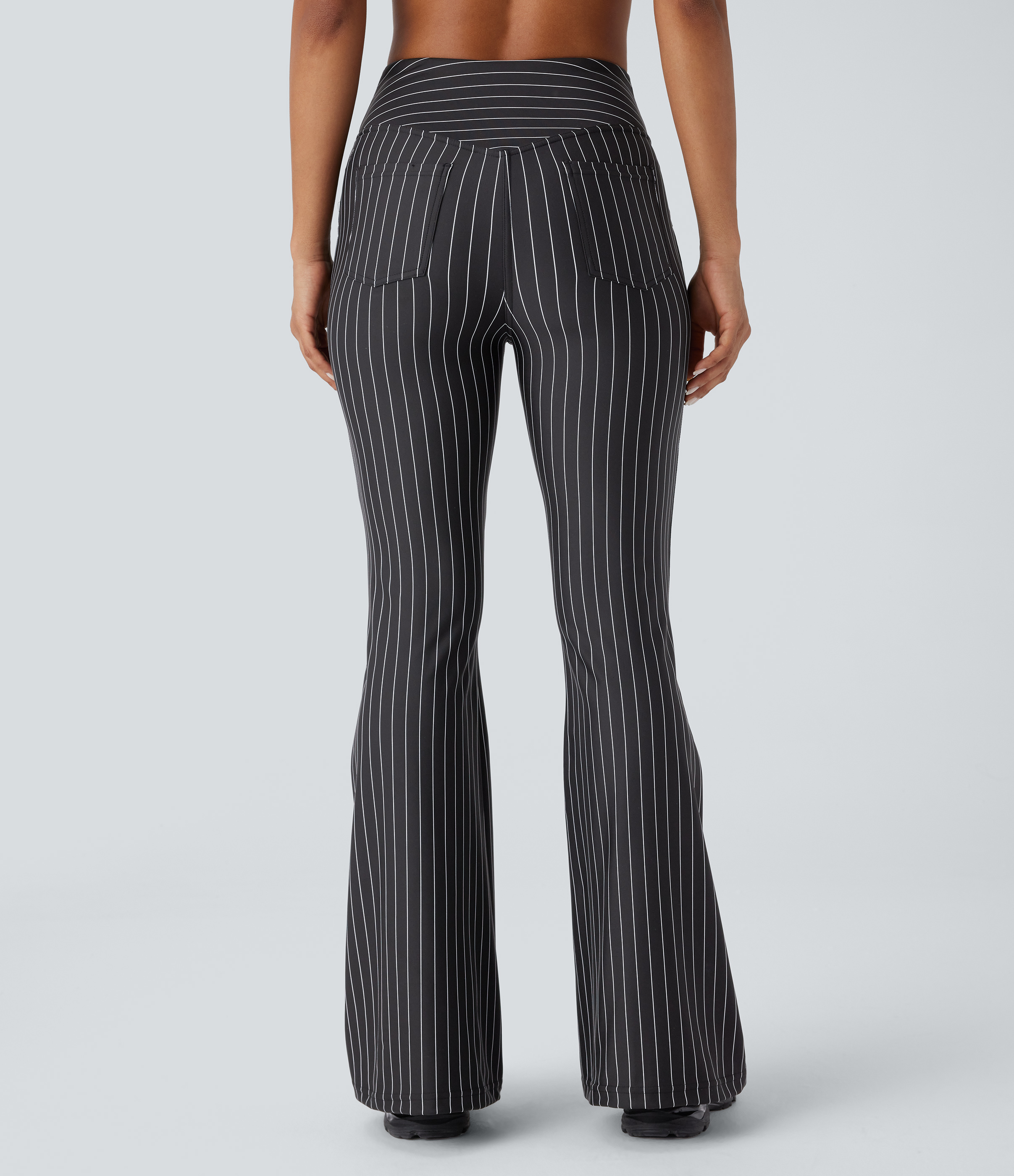 Halara Crossover High Waisted Multiple Pockets Stripe Flare Cool Touch Yoga Leggings  - Black White Oxford Pinstripe - XL(regular) 