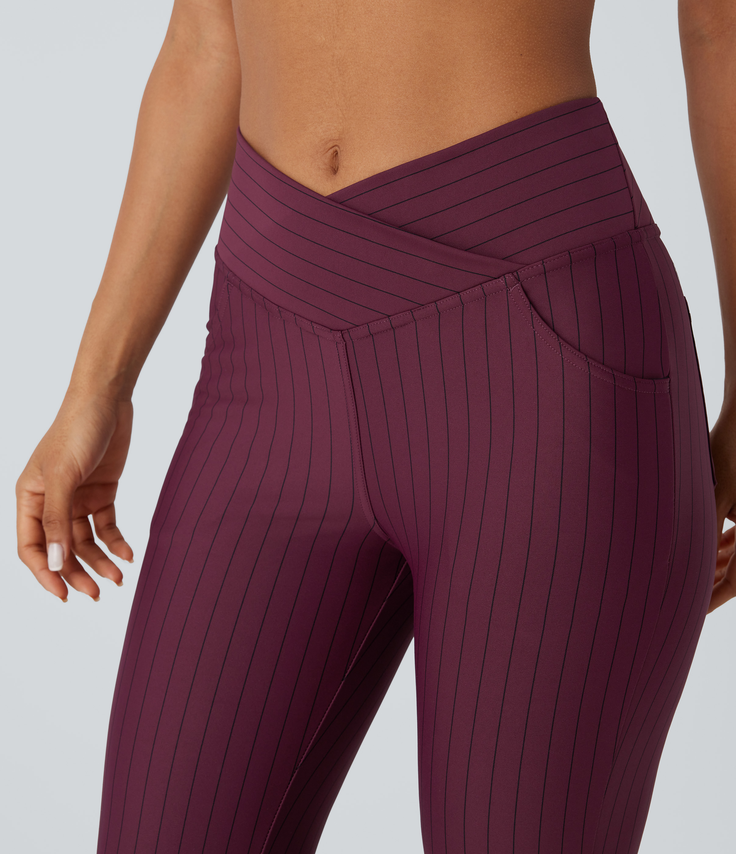 Halara Crossover High Waisted Multiple Pockets Stripe Flare Cool Touch Yoga Leggings  - Wine Red and Black Stripe - XL(regular) gym leggings 