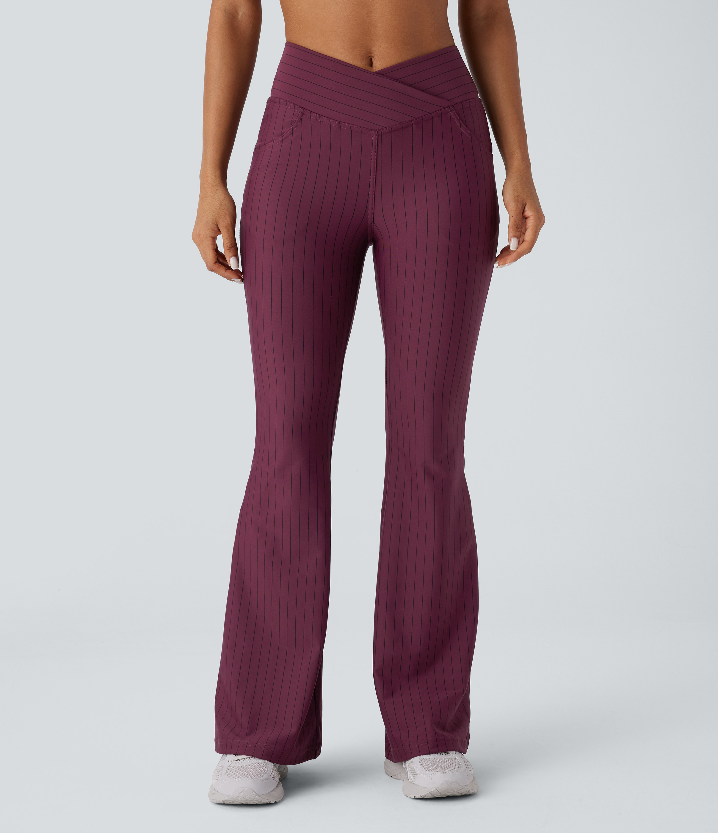 Halara Crossover High Waisted Multiple Pockets Stripe Flare Cool Touch Yoga Leggings  - Wine Red and Black Stripe - XL(regular) gym leggings 