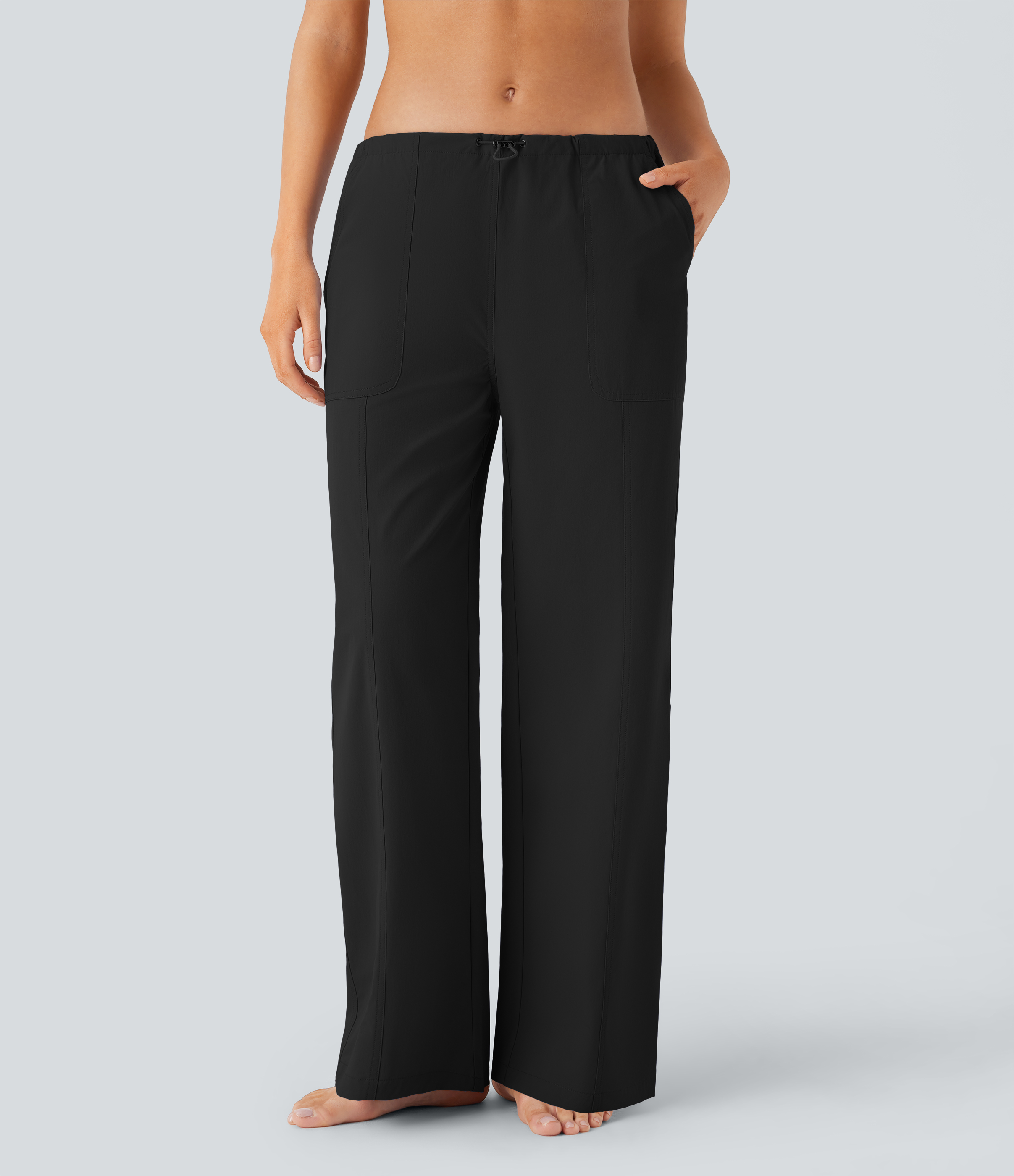 Halara Water Repellent Wear-Resistant Low Rise Adjustable Drawcord Side Pocket Straight Leg Yoga Pants  - Black - S(regular) 