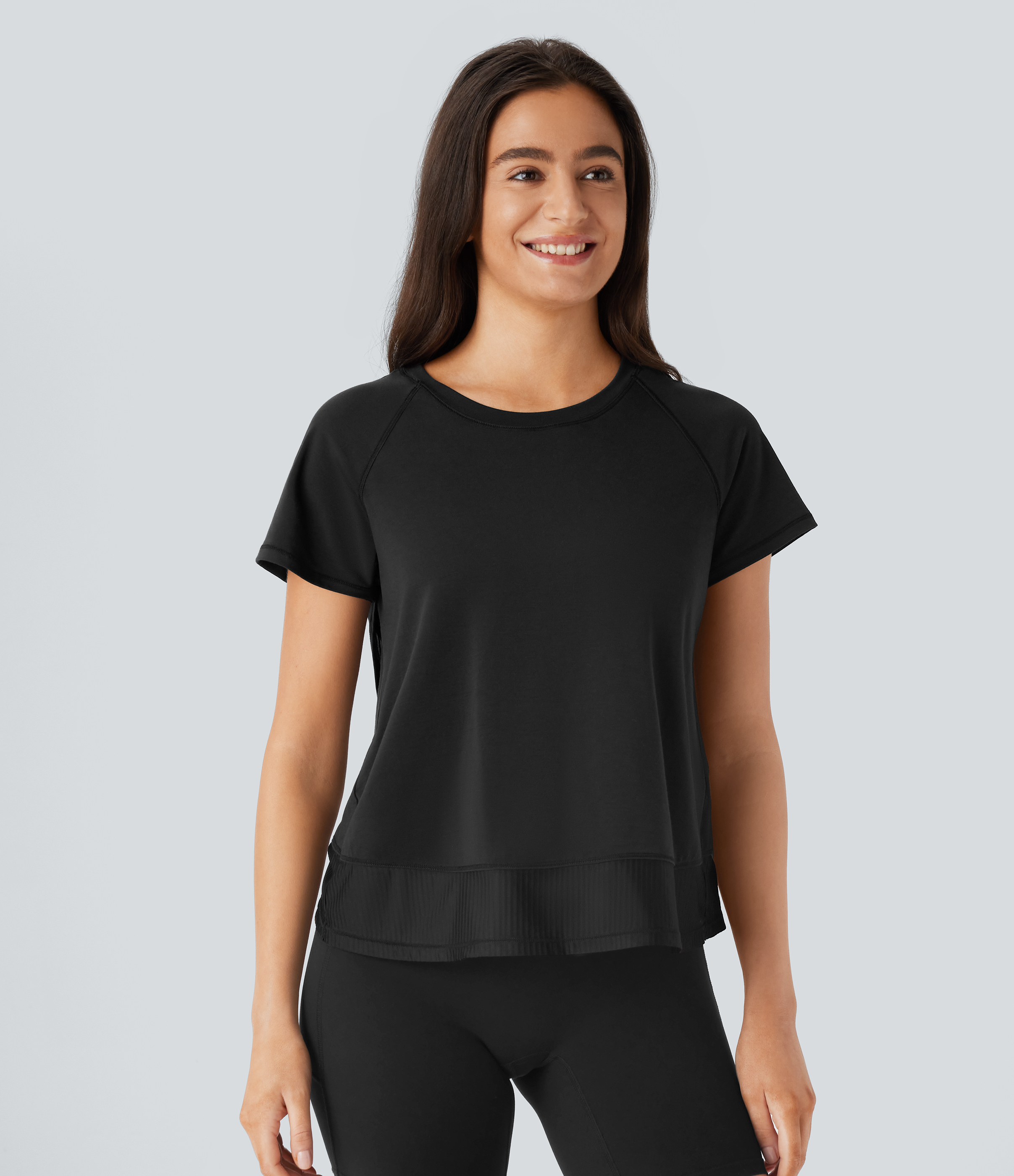 Halara Raglan Sleeve Crossover Hem Quick Dry Running Sports Top  - Black - S 
