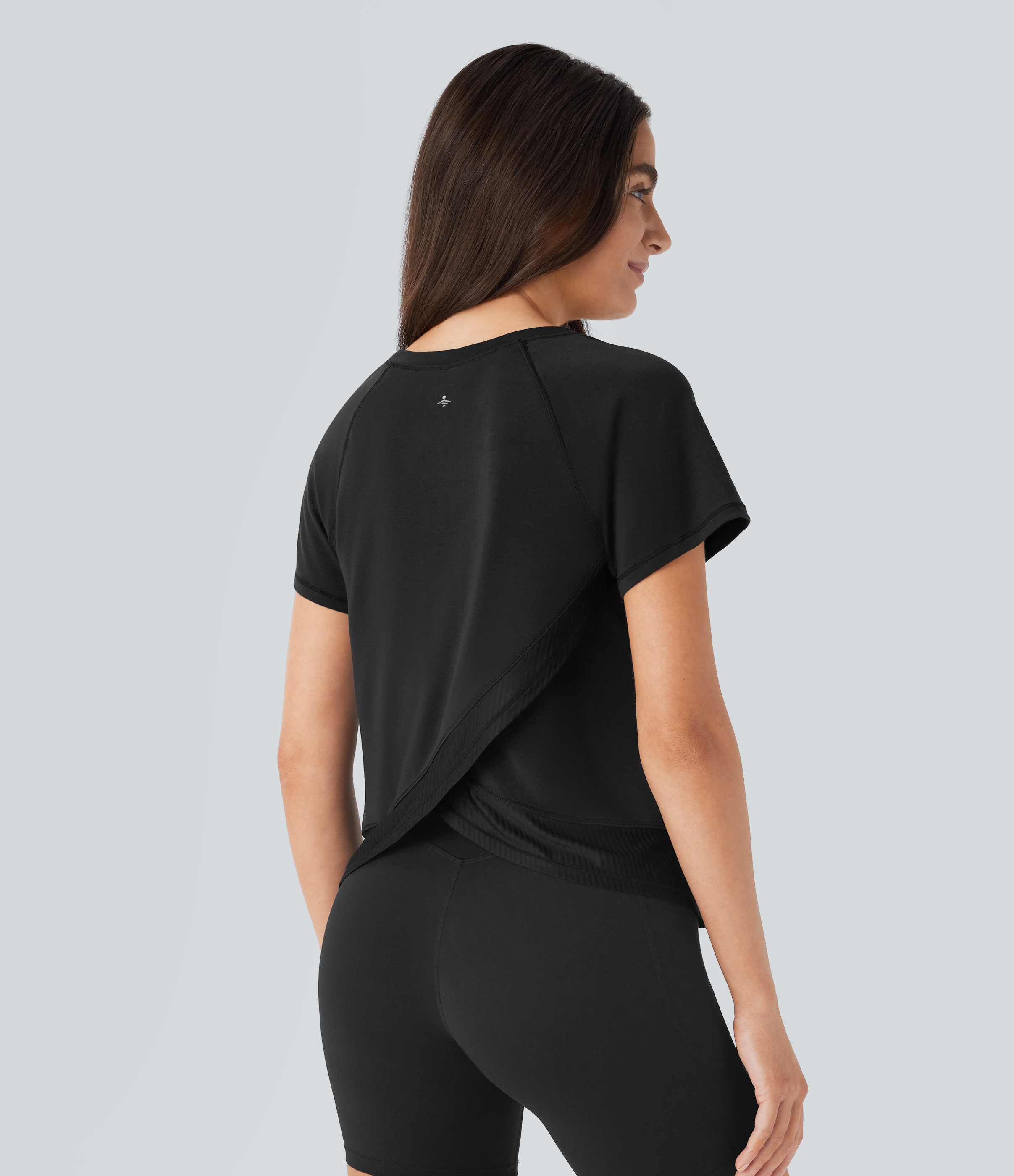 Halara Raglan Sleeve Crossover Hem Quick Dry Running Sports Top  - Black - S 