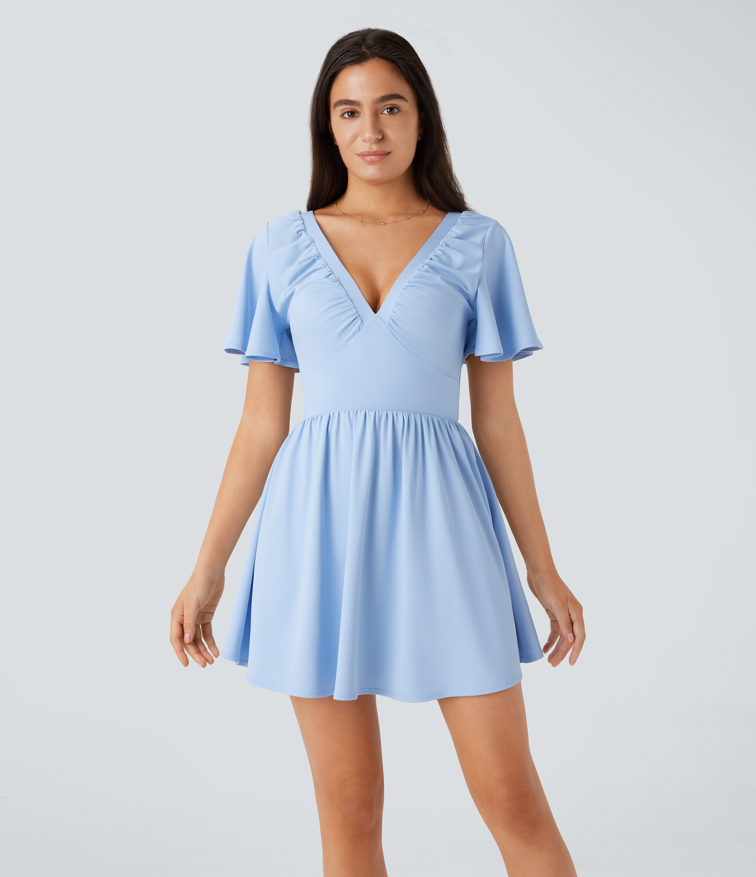 Angel Falls Vestido fluido babydoll de manga corta con cuello en V y espalda descubierta con lazo  / 2