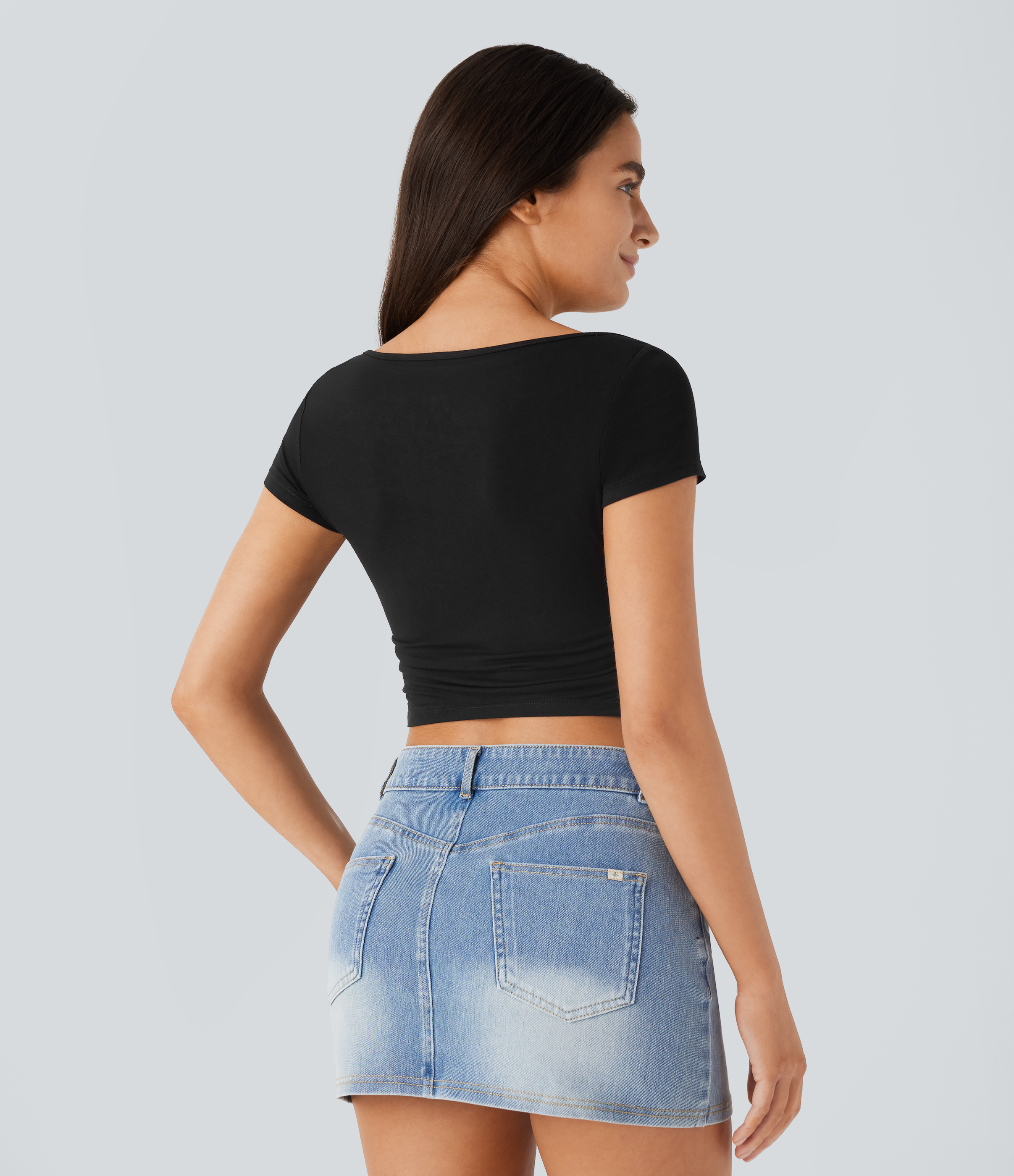 Halara Slash Neck Short Sleeve Ruched Cropped Casual Baby Tee Tank Top - Black - S golf tops halter top tunic tops sleeveless tops 