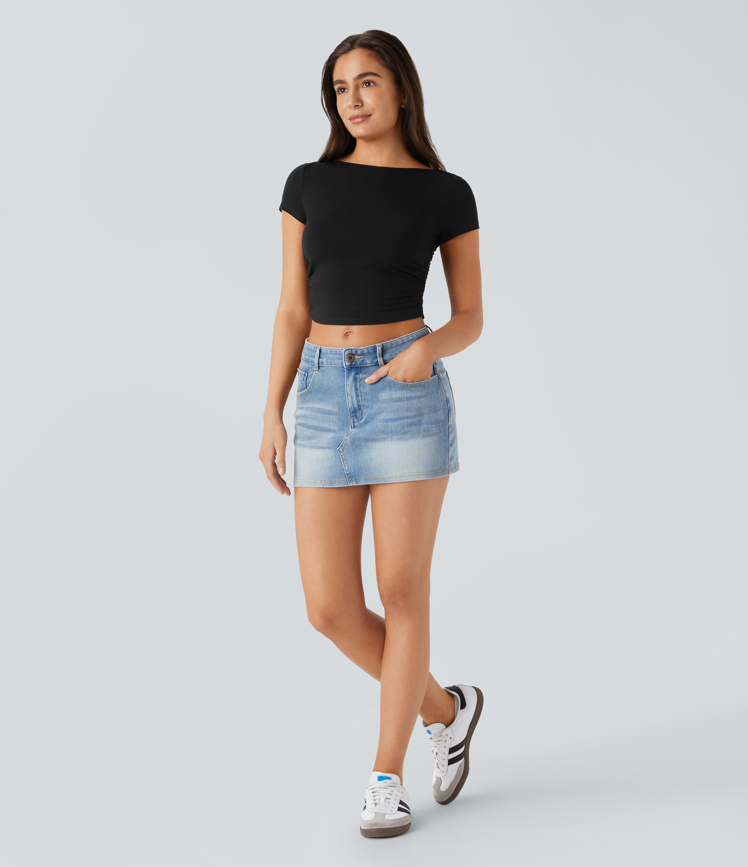Halara Slash Neck Short Sleeve Ruched Cropped Casual Baby Tee Tank Top - Black - S golf tops halter top tunic tops sleeveless tops 