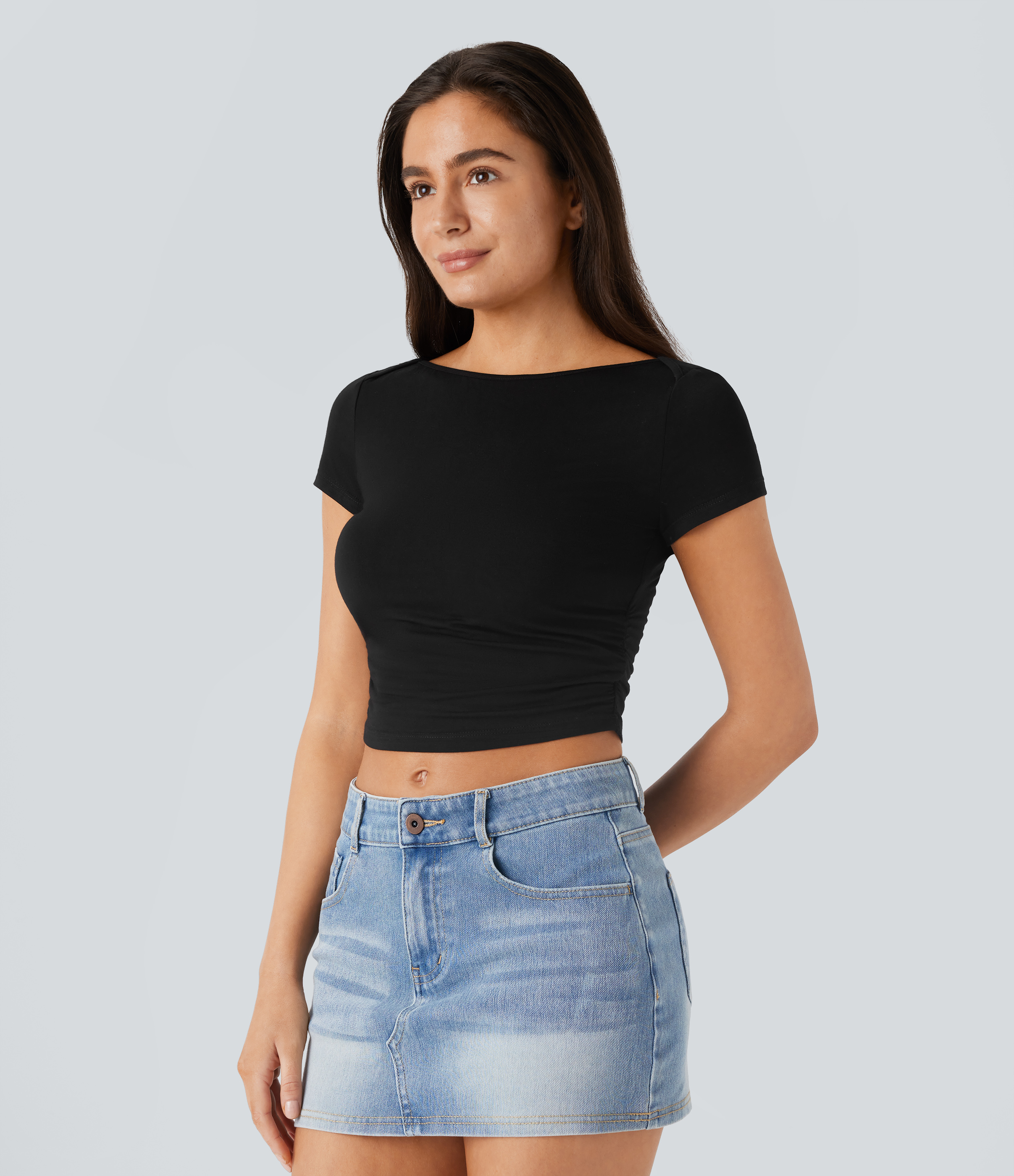 Halara Slash Neck Short Sleeve Ruched Cropped Casual Baby Tee Tank Top - Black - S golf tops halter top tunic tops sleeveless tops 