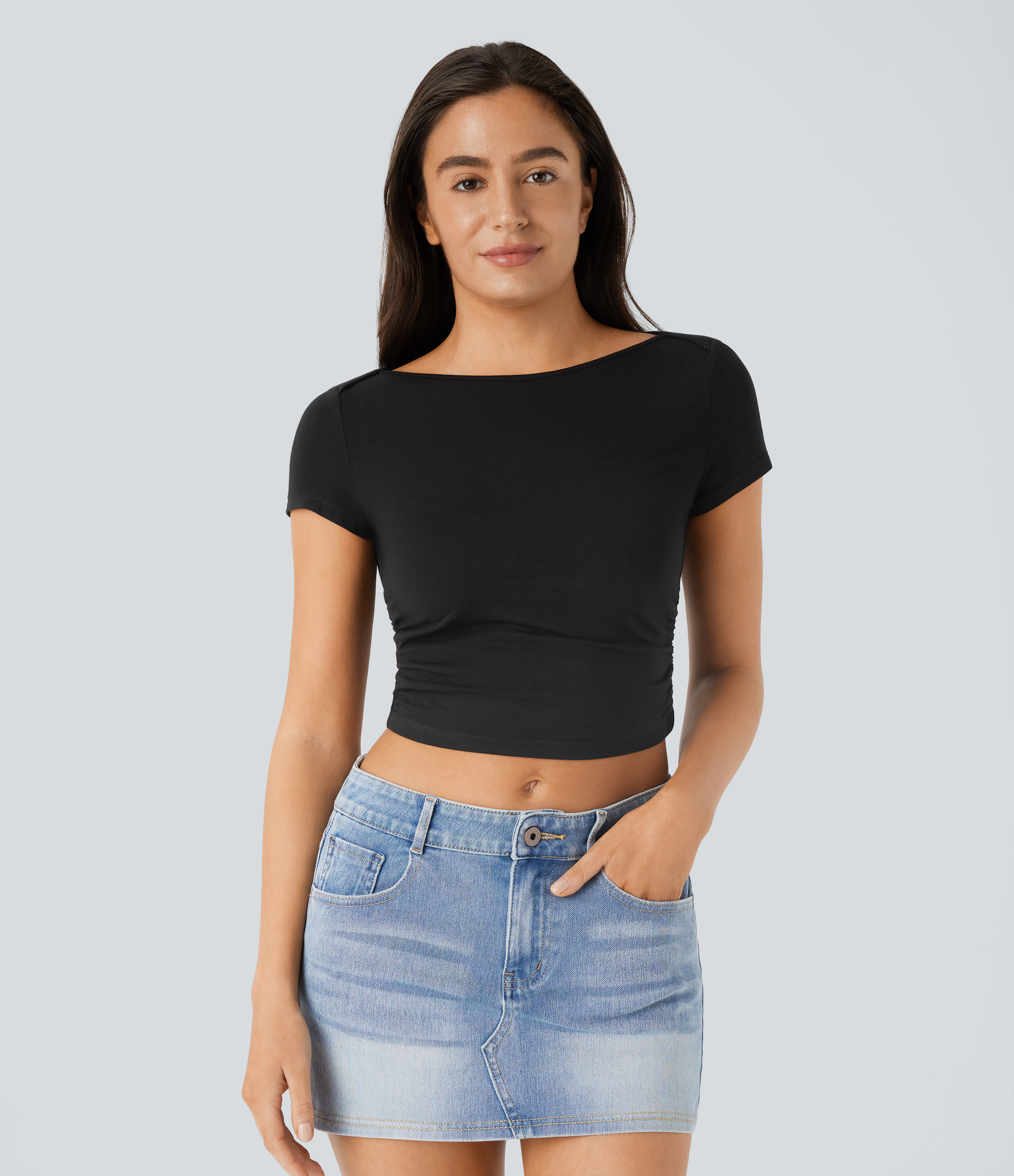 Halara Slash Neck Short Sleeve Ruched Cropped Casual Baby Tee Tank Top - Black - S golf tops halter top tunic tops sleeveless tops 