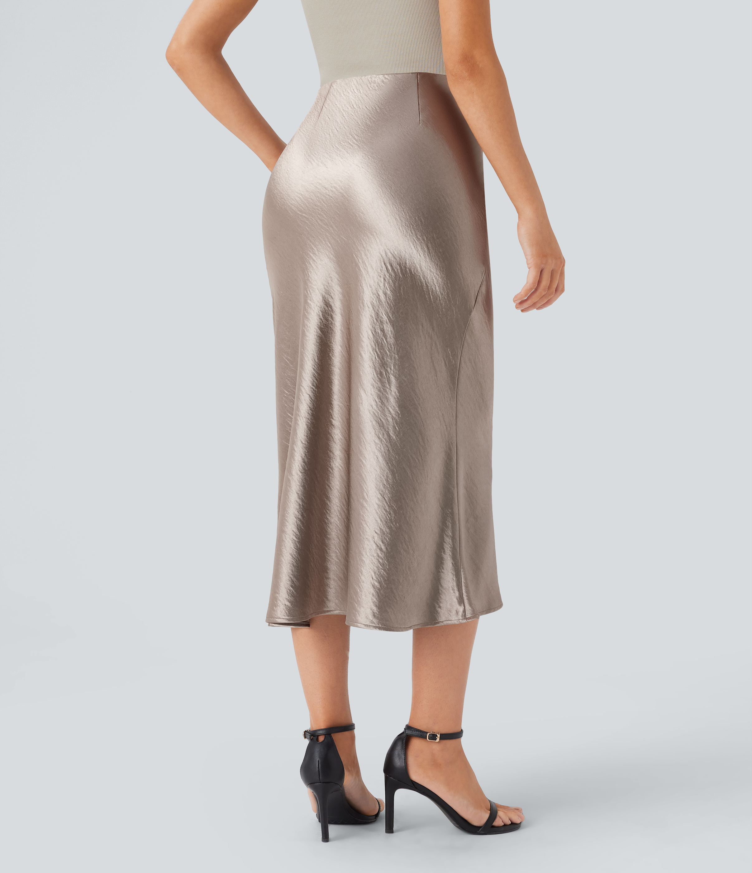 Halara High Waisted Invisible Zipper Satin Midi Work Mermaid Skirt  - White Pewter - L(regular) 