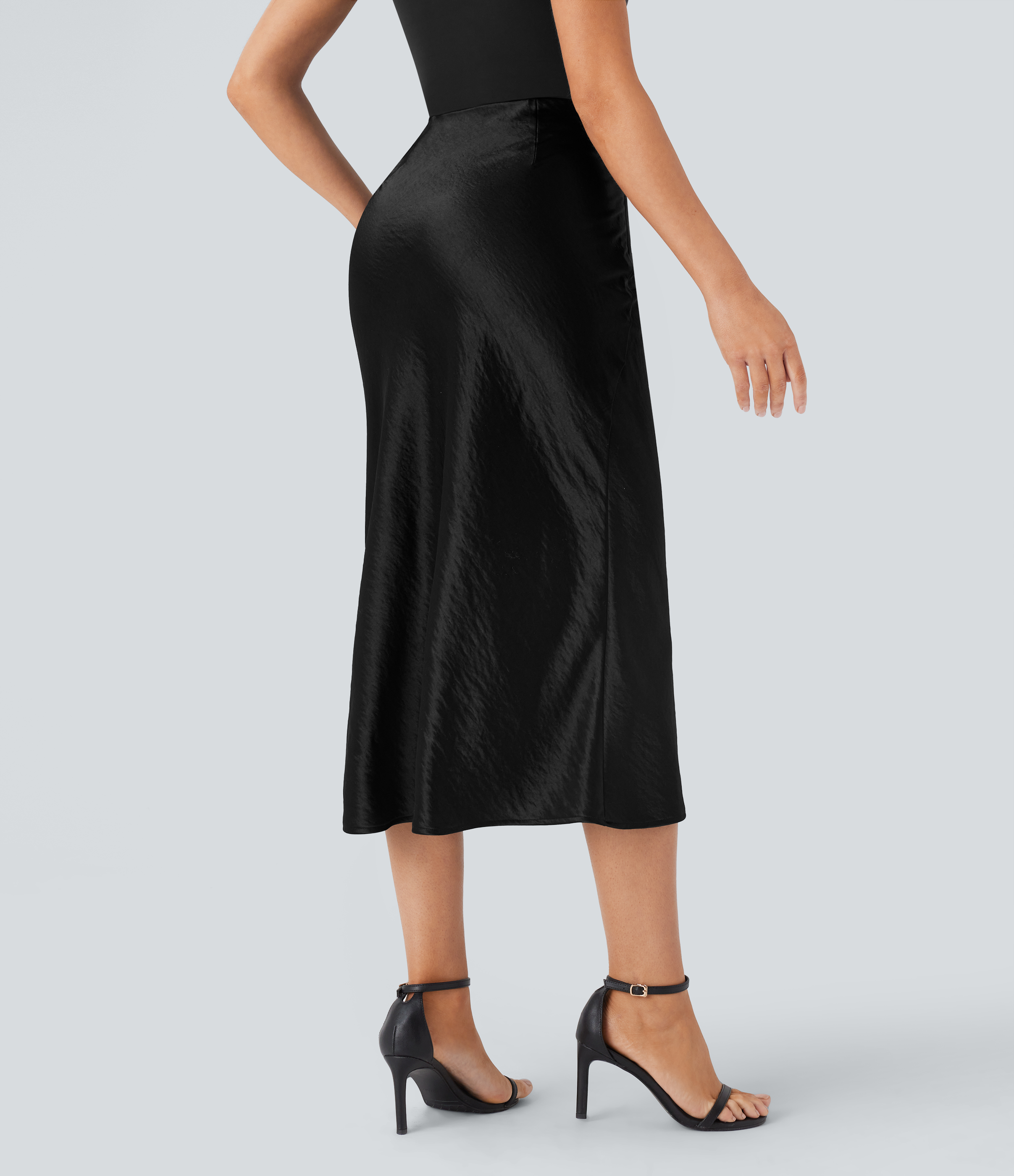 Halara High Waisted Invisible Zipper Satin Midi Work Mermaid Skirt  - Black - L(regular) 