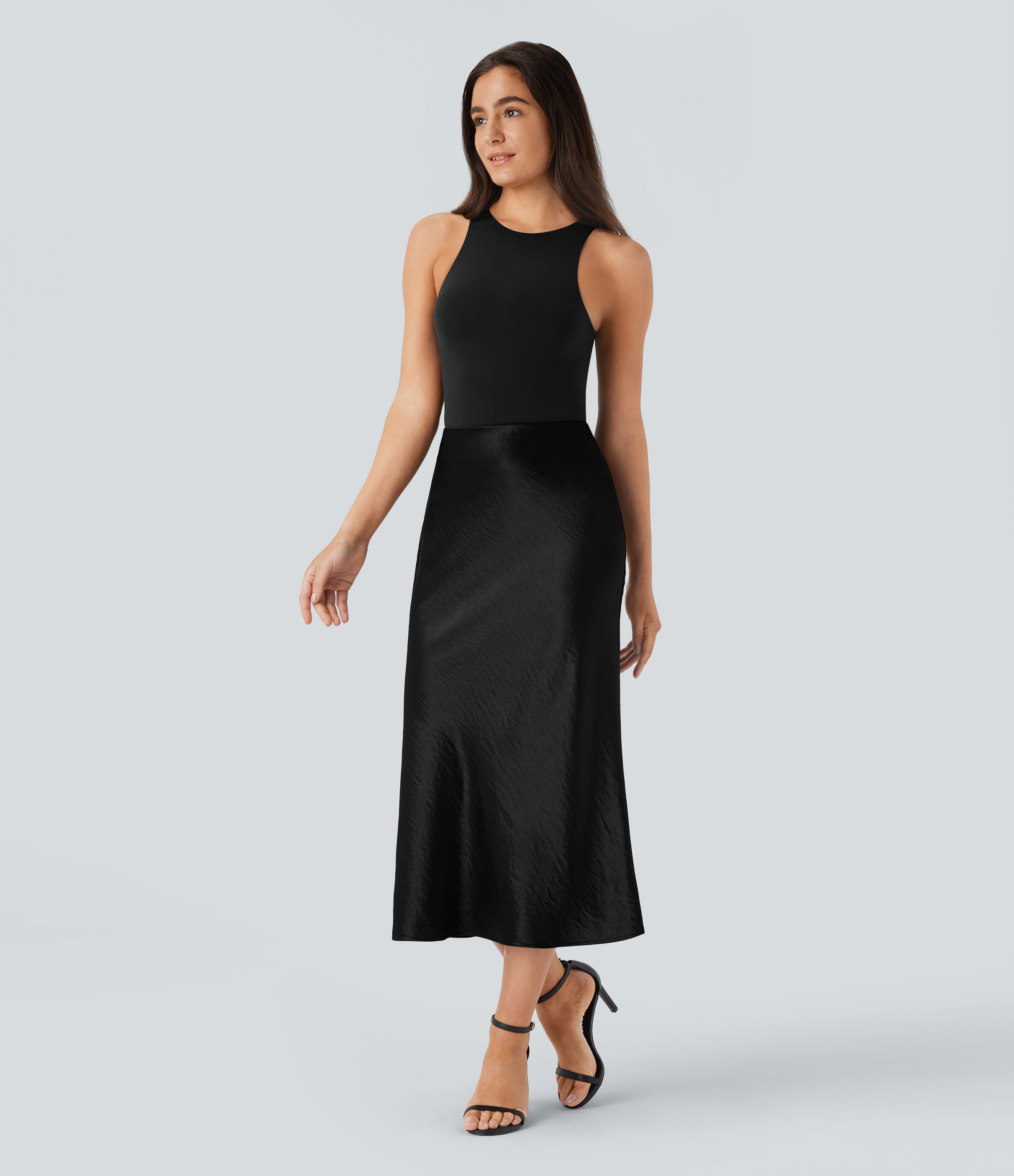 Halara High Waisted Invisible Zipper Satin Midi Work Mermaid Skirt  - Black - L(regular) 