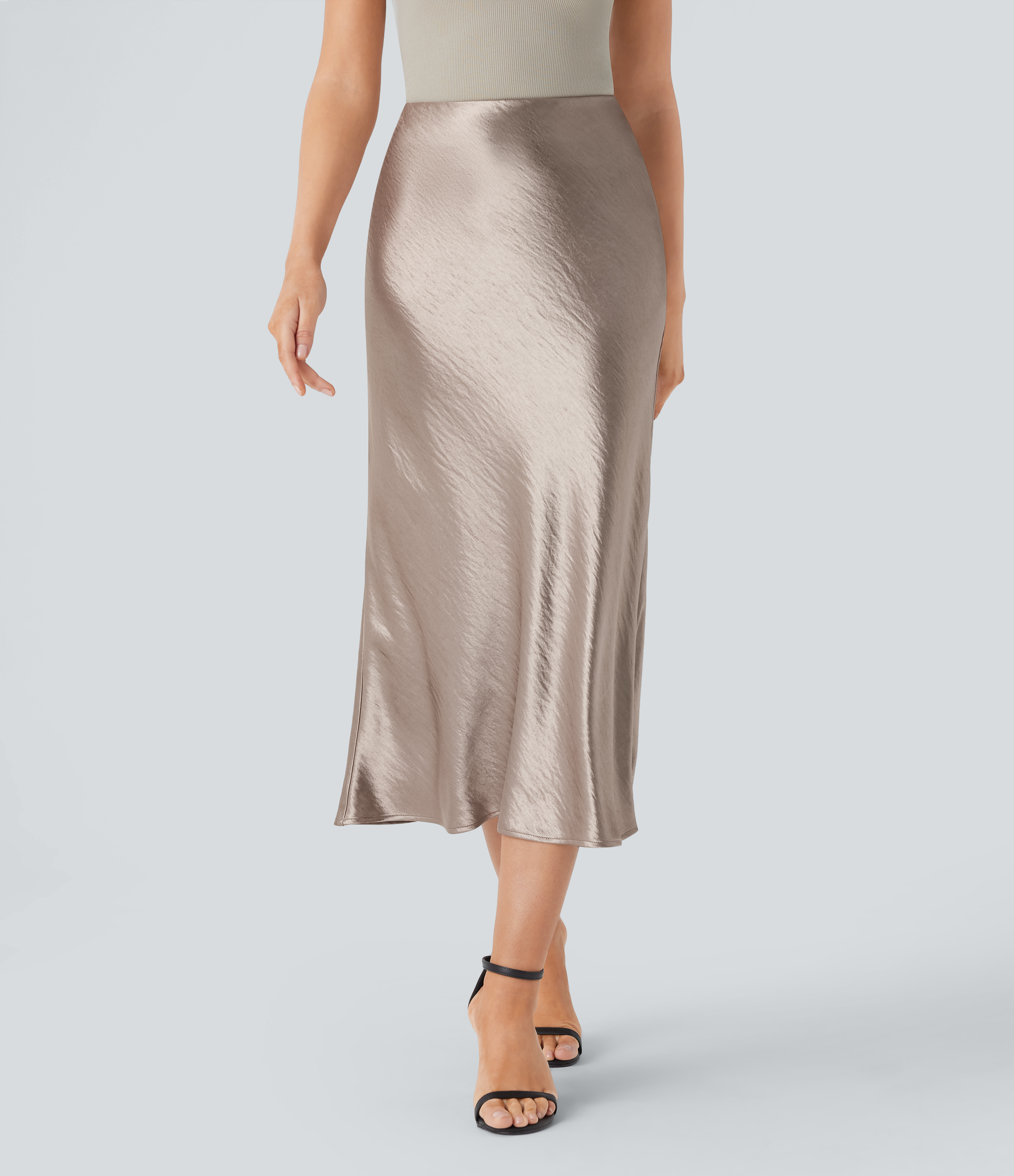 Halara High Waisted Invisible Zipper Satin Midi Work Mermaid Skirt  - White Pewter - L(regular) 