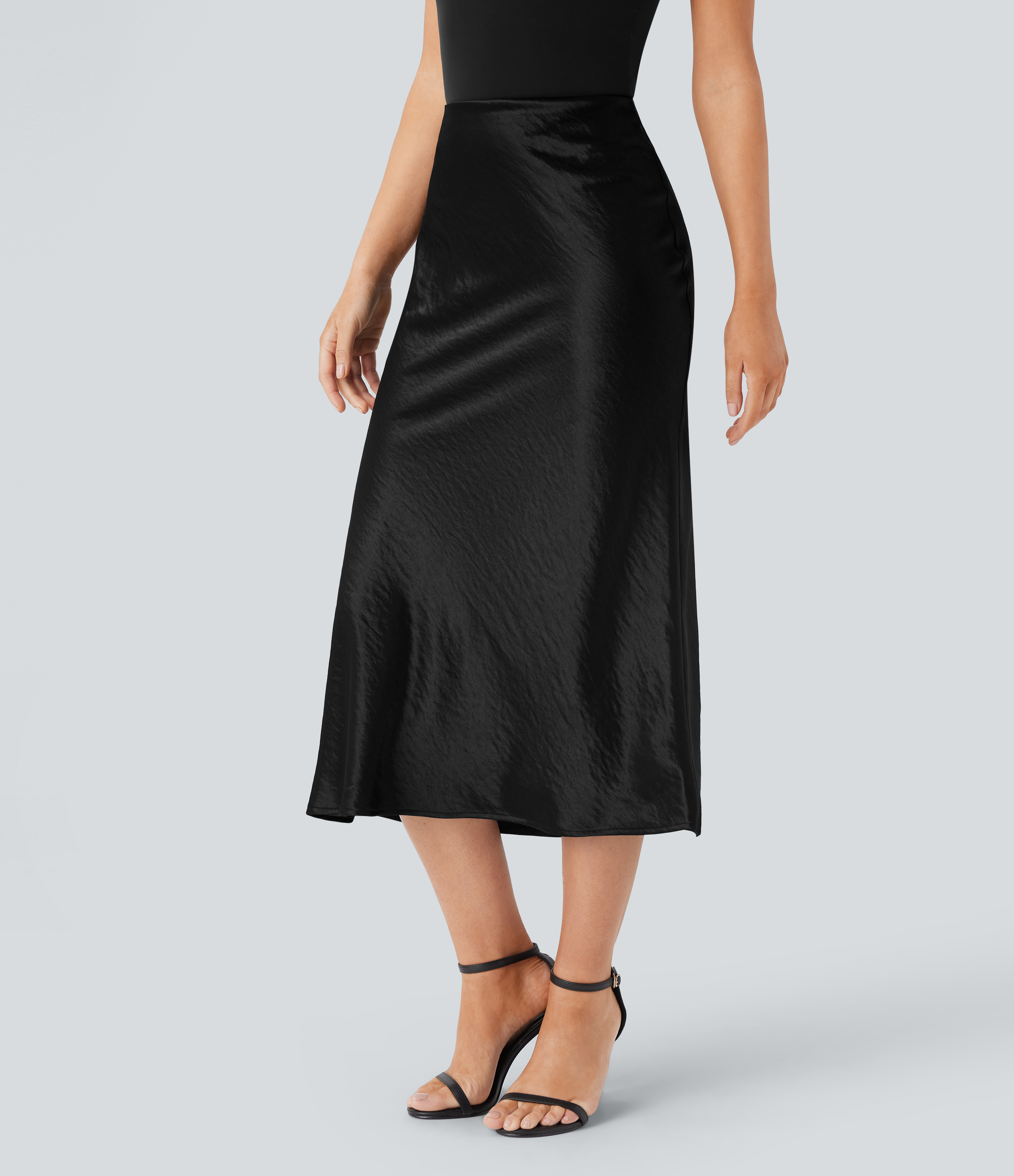 Halara High Waisted Invisible Zipper Satin Midi Work Mermaid Skirt  - Black - L(regular) 