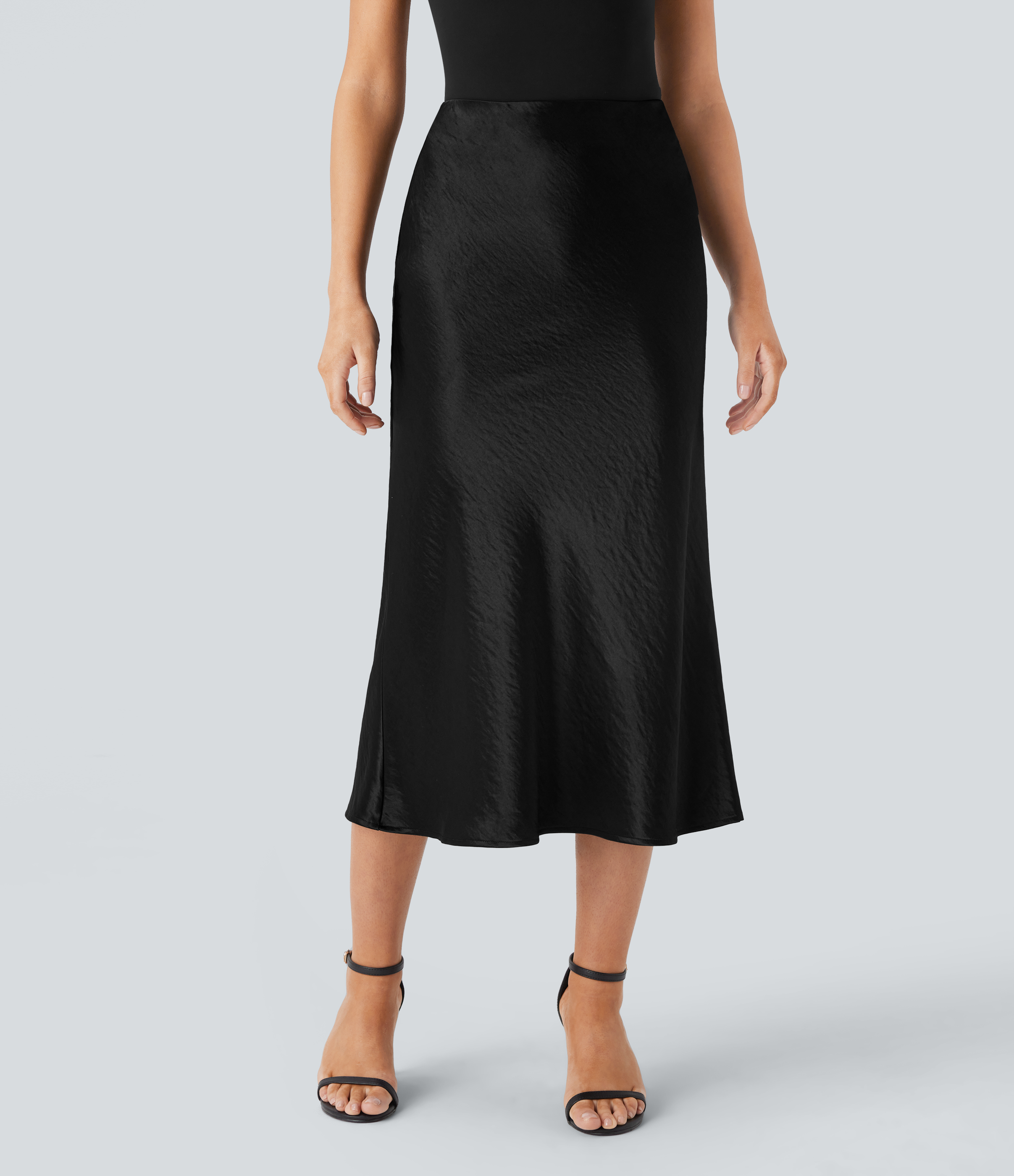Halara High Waisted Invisible Zipper Satin Midi Work Mermaid Skirt  - Black - L(regular) 