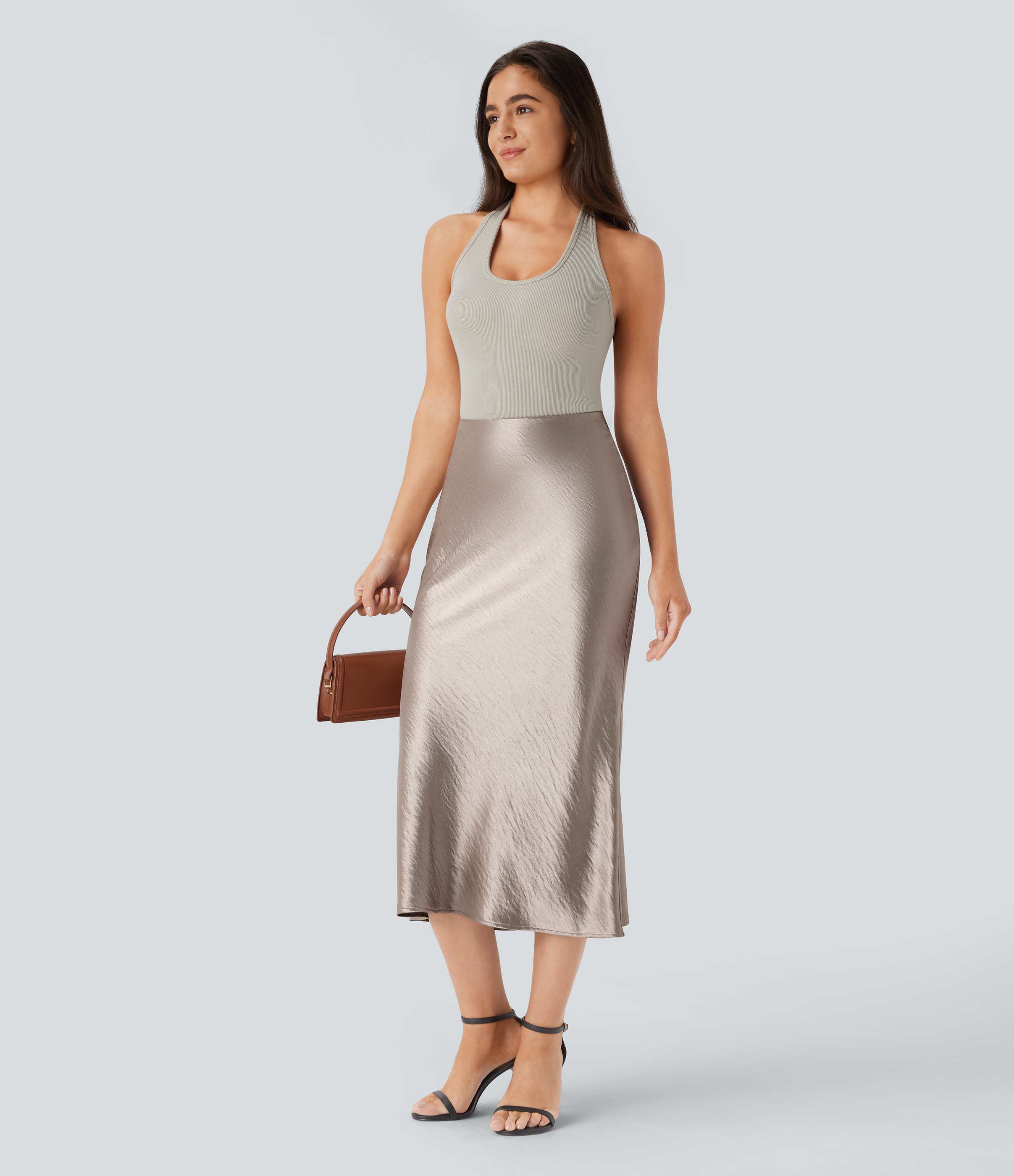 Halara High Waisted Invisible Zipper Satin Midi Work Mermaid Skirt  - White Pewter - L(regular) 
