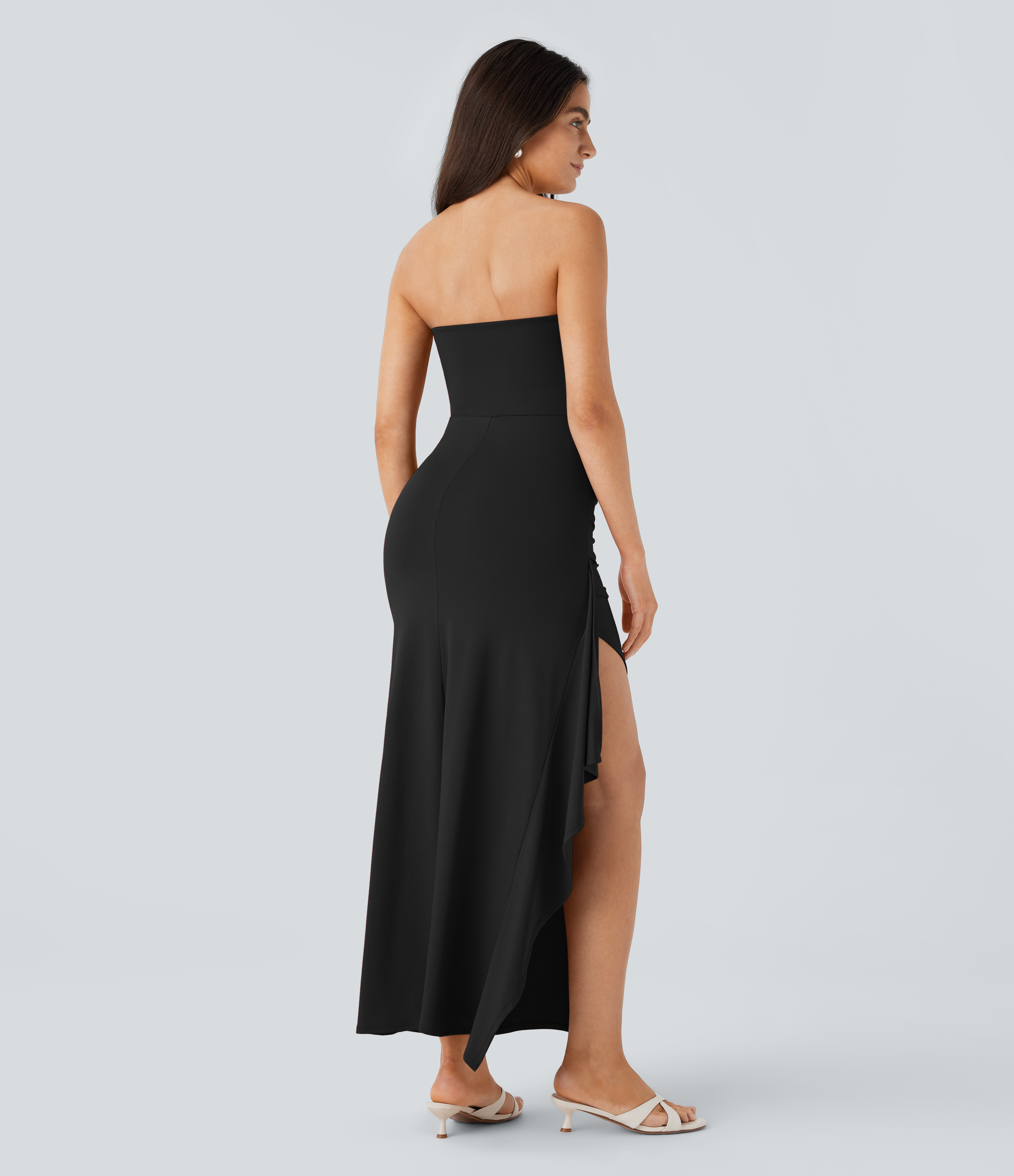 Black Tube Ruched Ruffle 2-in-1 Maxi Dress / 2