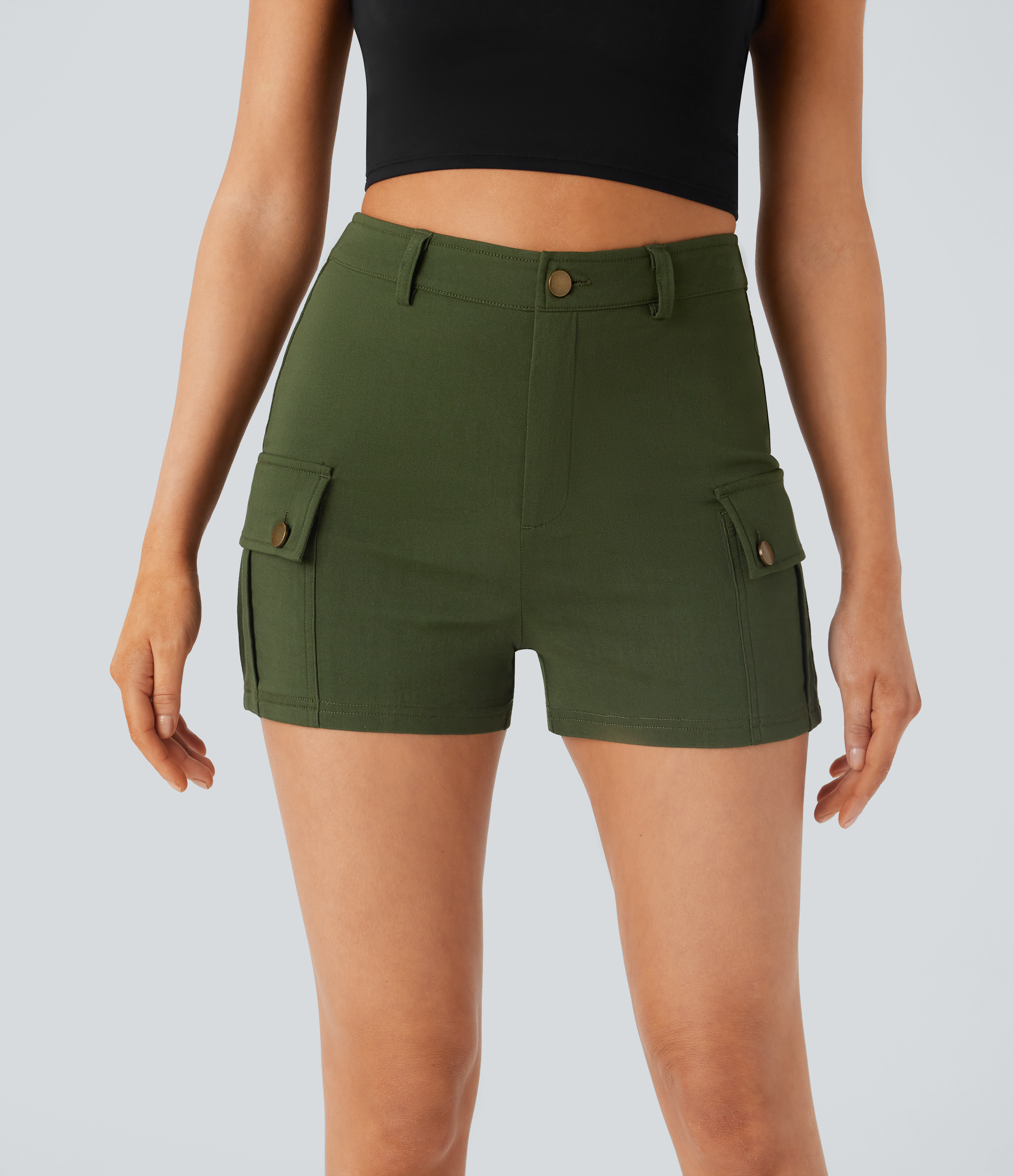 Halara High Waisted Button Zipper Side Flap Pocket Casual Cargo Shorts  - Rifle Green - L booty shorts compression shorts yoga shorts 