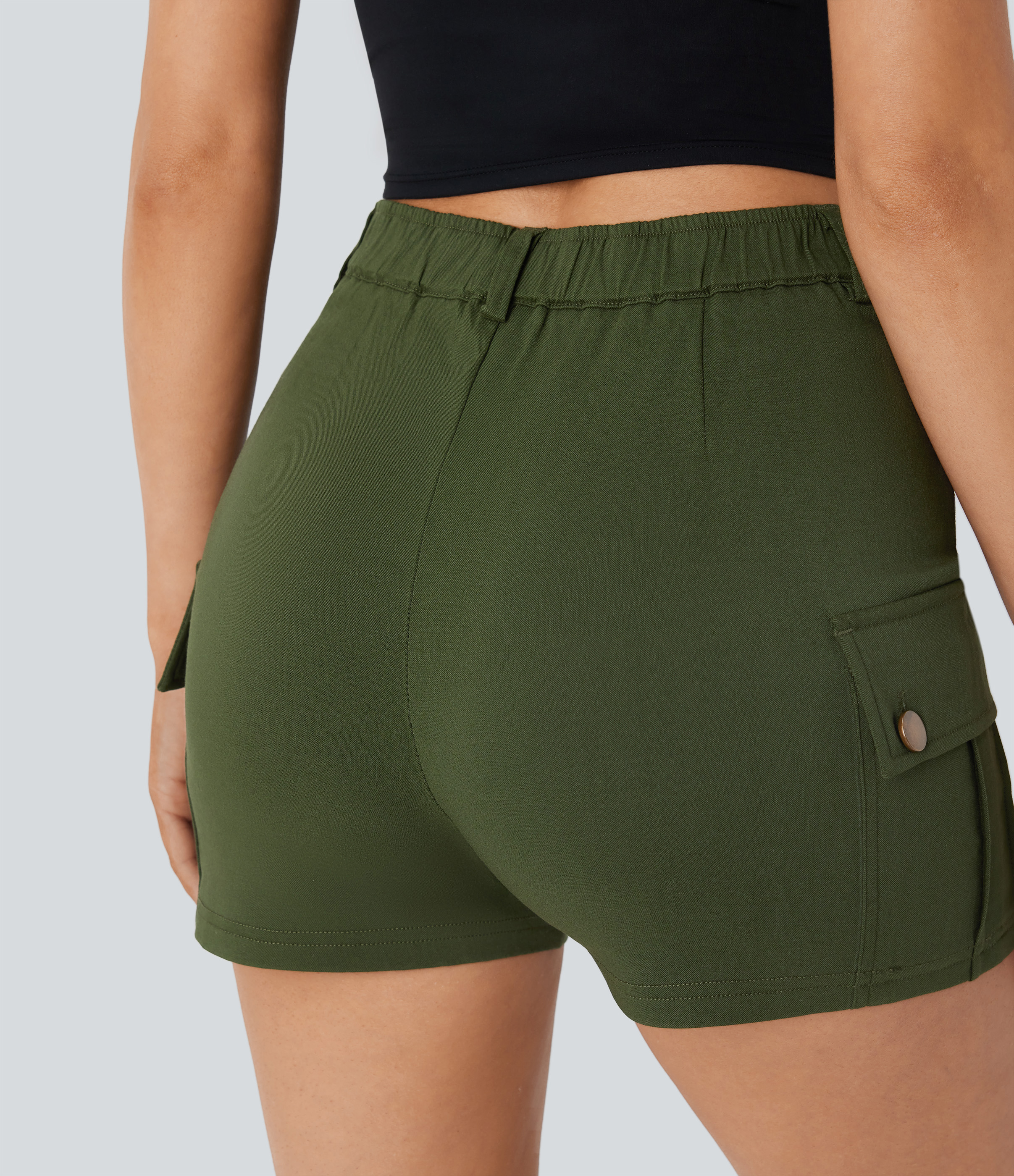 Halara High Waisted Button Zipper Side Flap Pocket Casual Cargo Shorts  - Rifle Green - L booty shorts compression shorts yoga shorts 