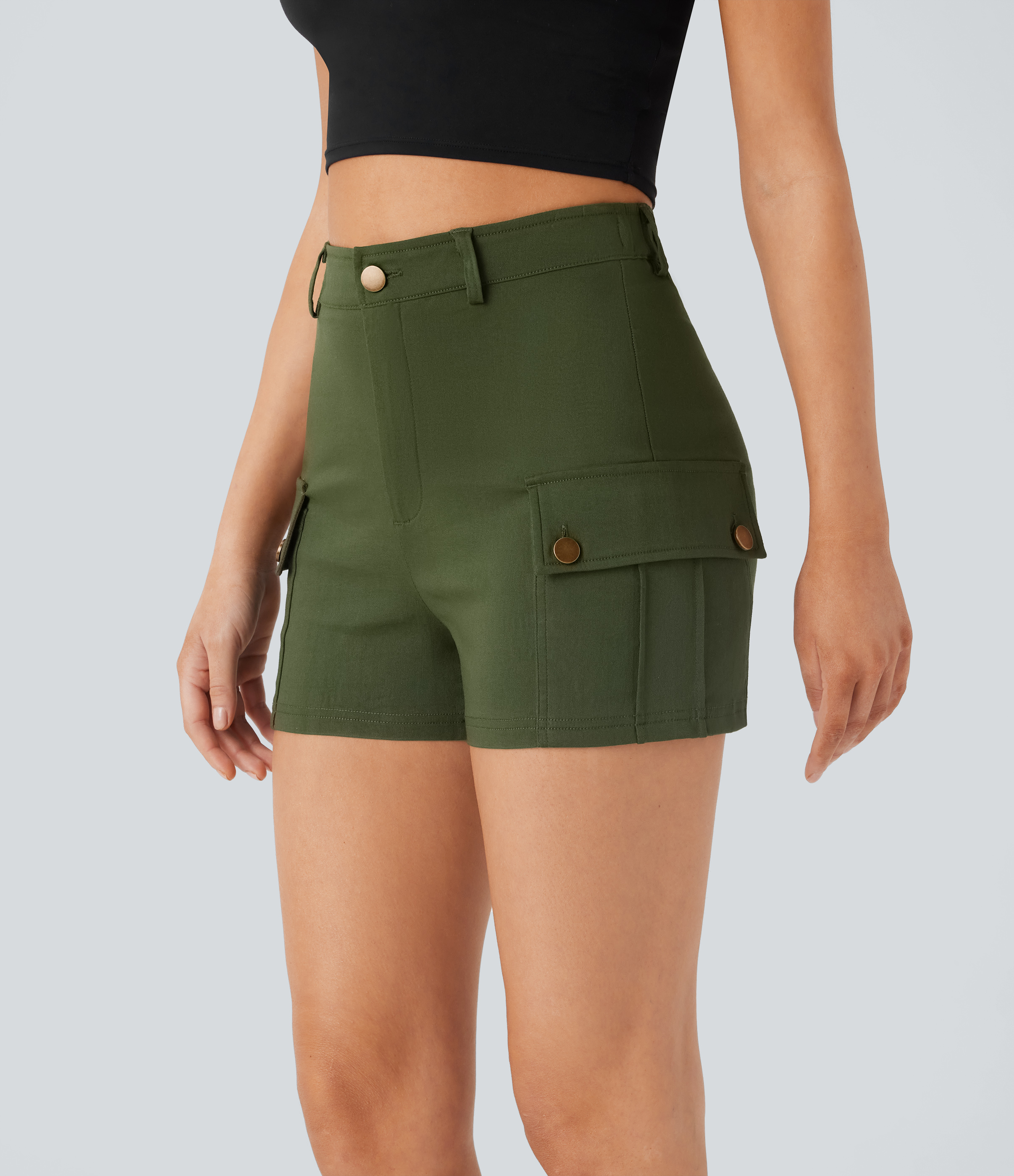Halara High Waisted Button Zipper Side Flap Pocket Casual Cargo Shorts  - Rifle Green - L booty shorts compression shorts yoga shorts 