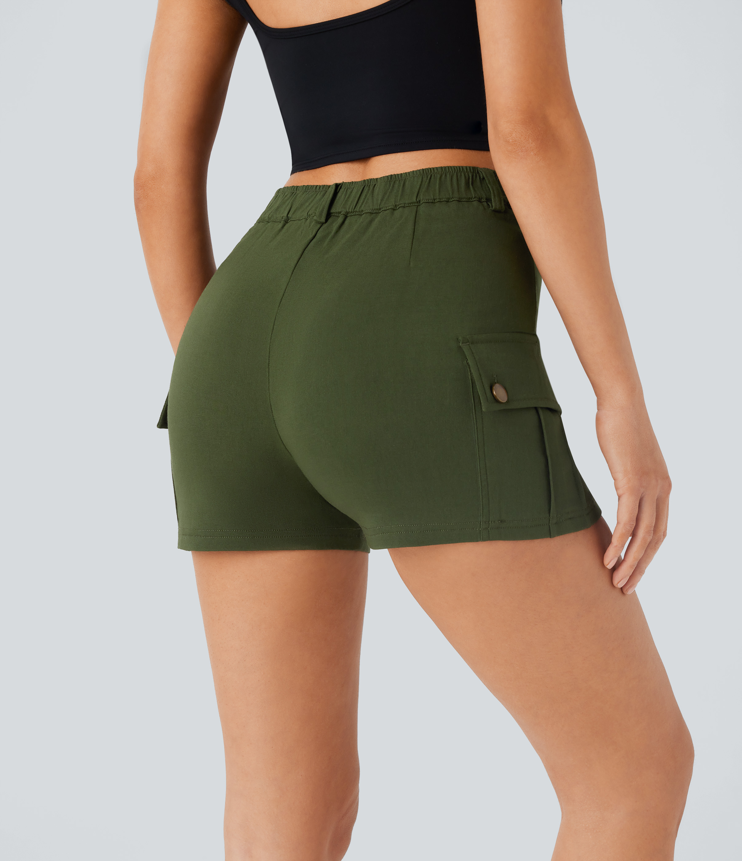 Halara High Waisted Button Zipper Side Flap Pocket Casual Cargo Shorts  - Rifle Green - L booty shorts compression shorts yoga shorts 